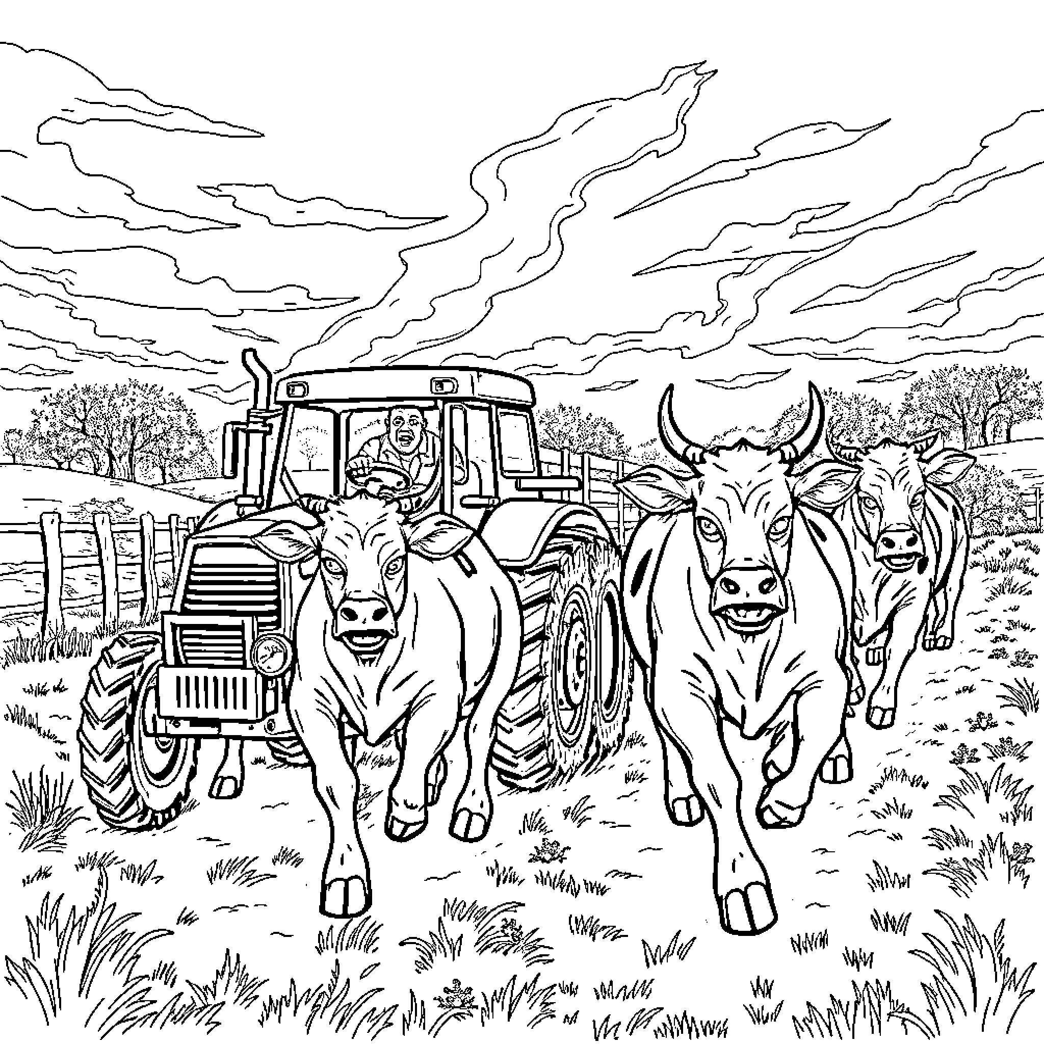 Zombie Cows Stampede Past Tractor on Stormy Farm Coloring Page (free black-and-white line drawing printable PDF for all, from beginners to advanced learners, including children, teens, adults, and seniors)