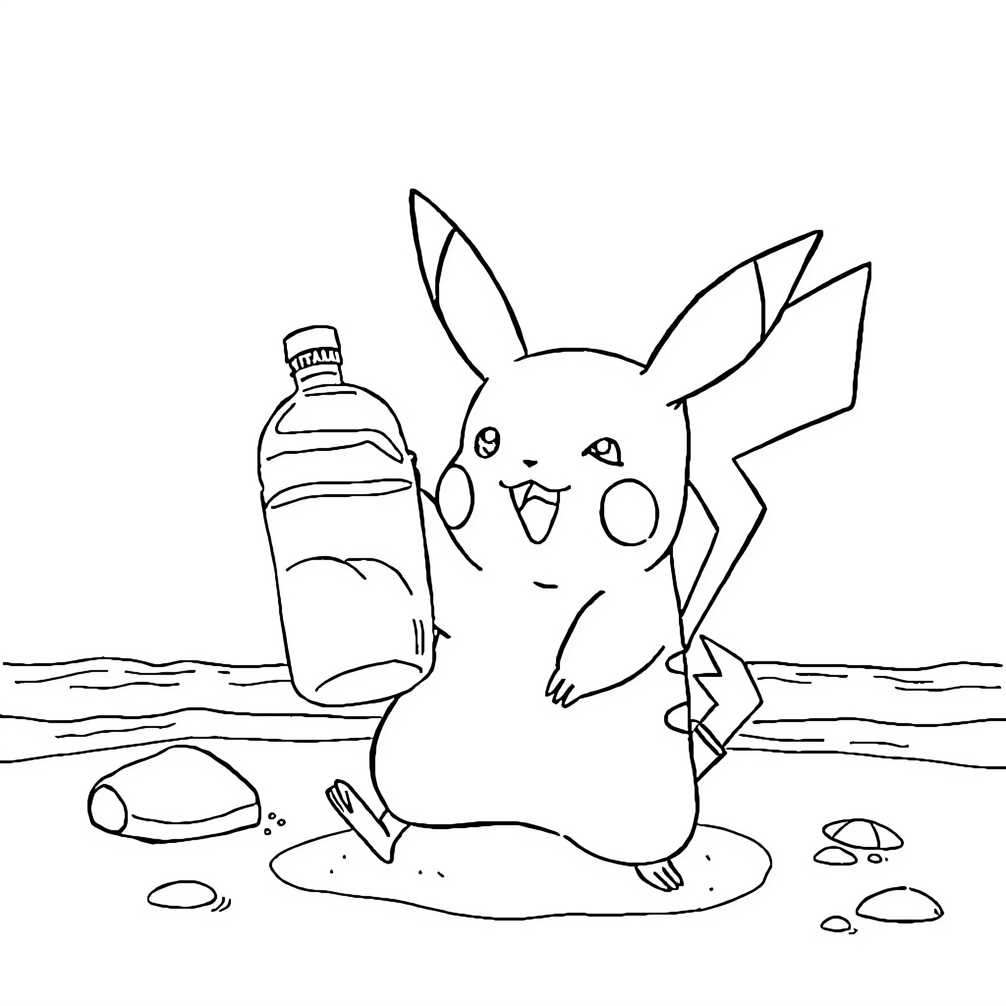 Pikachu enjoying a refreshing drink outdoors Coloring Page (free black-and-white line drawing printable PDF for all, from beginners to advanced learners, including children, teens, adults, and seniors)