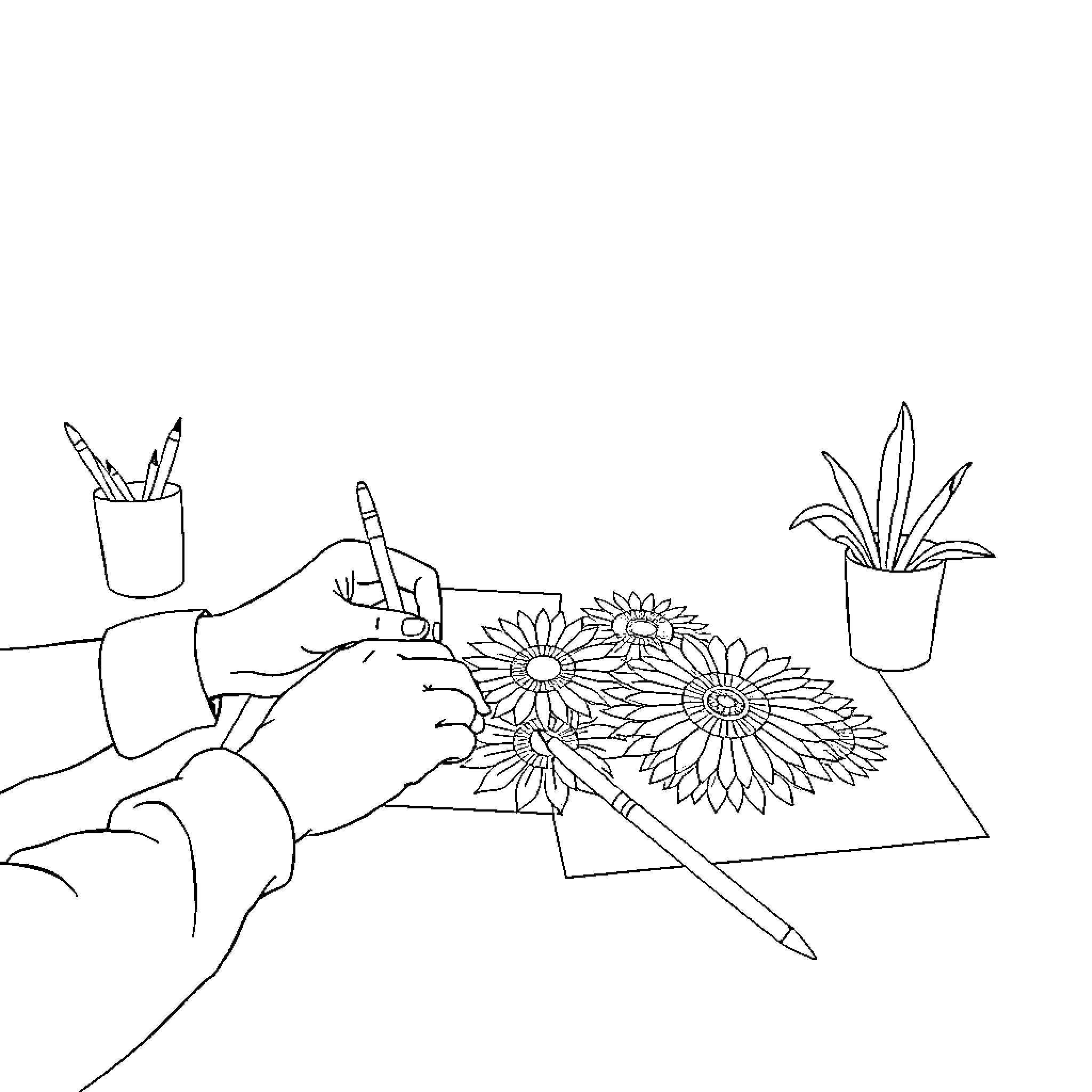 Hand Drawing Flowers on Paper Coloring Page (free black-and-white line drawing printable PDF for all, from beginners to advanced learners, including children, teens, adults, and seniors)
