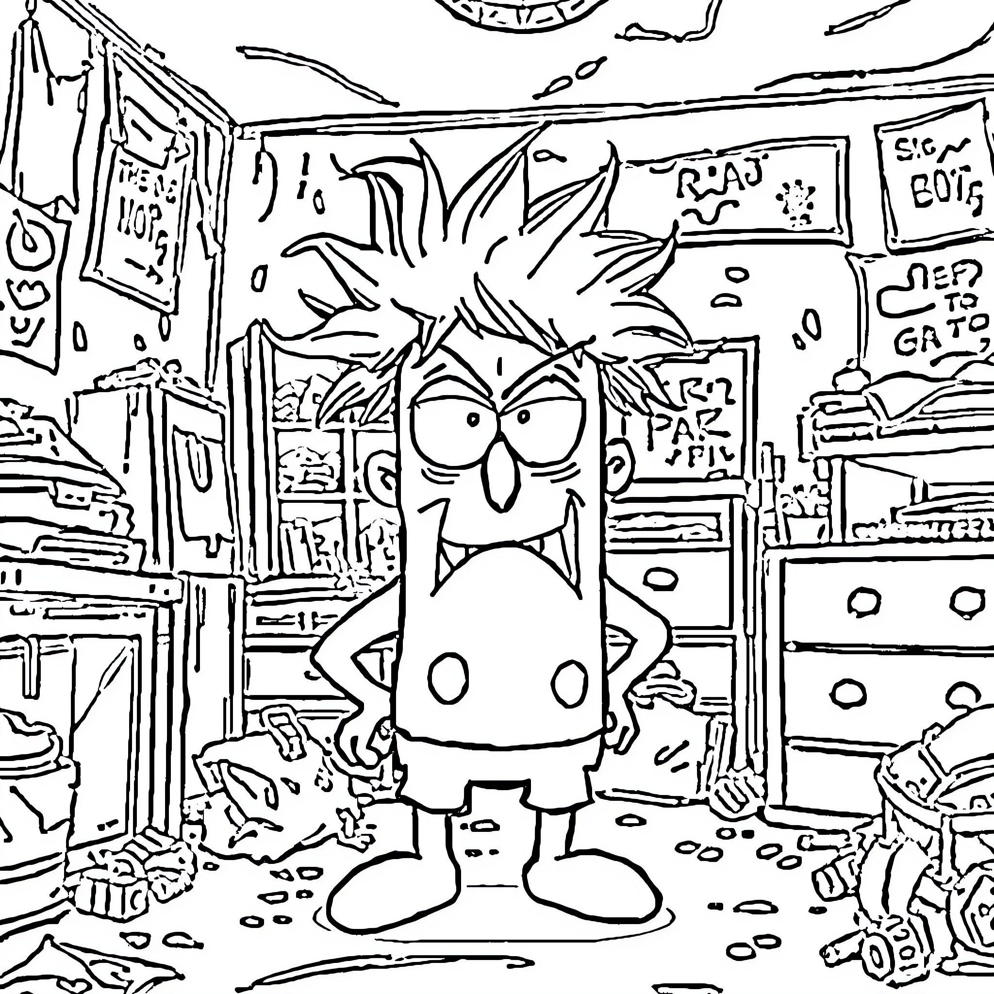 Patrick's Messy and Chaotic Room Exploration Coloring Page (free black-and-white line drawing printable PDF for all, from beginners to advanced learners, including children, teens, adults, and seniors)