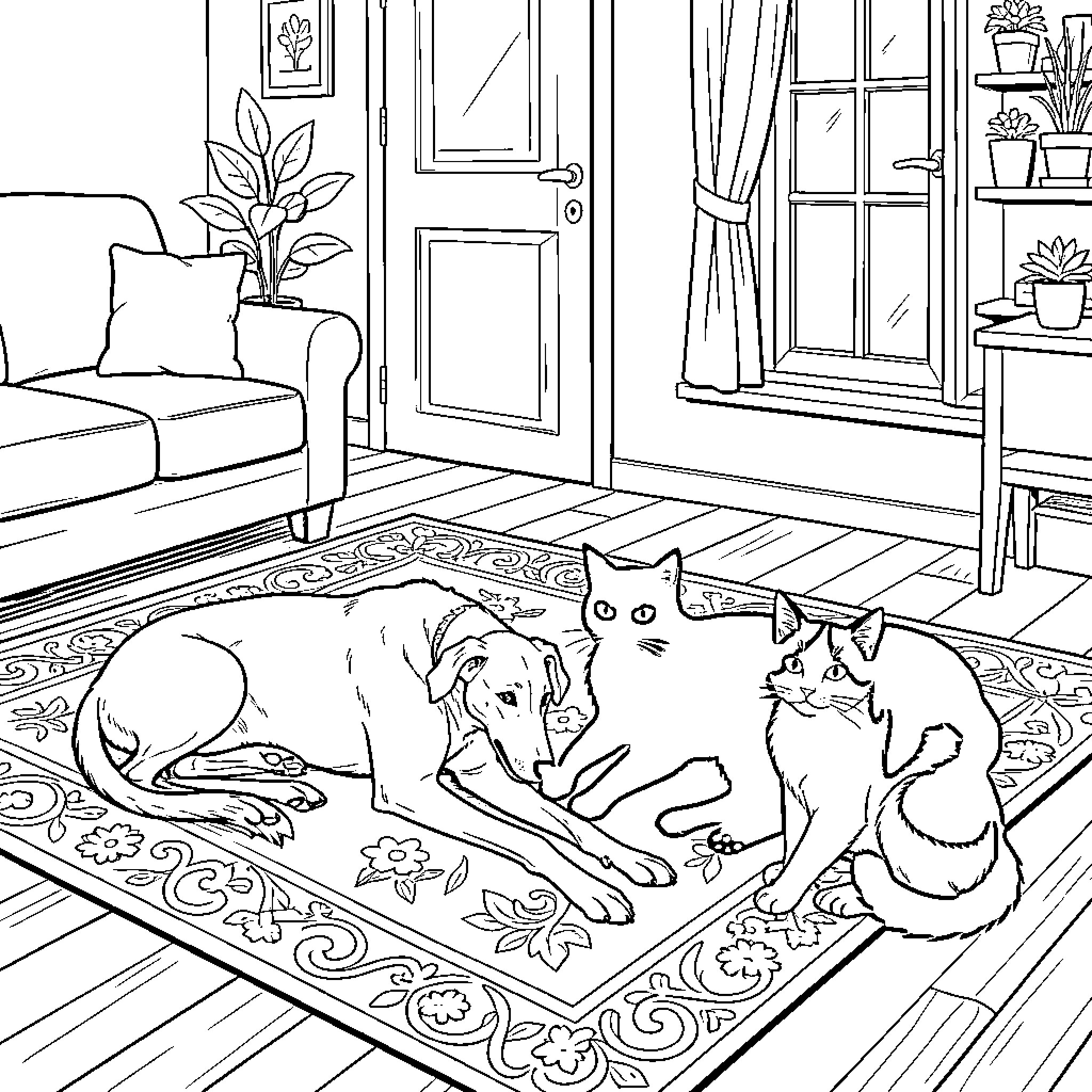 Perro and two cats relaxing on a rug Coloring Page (free black-and-white line drawing printable PDF for all, from beginners to advanced learners, including children, teens, adults, and seniors)