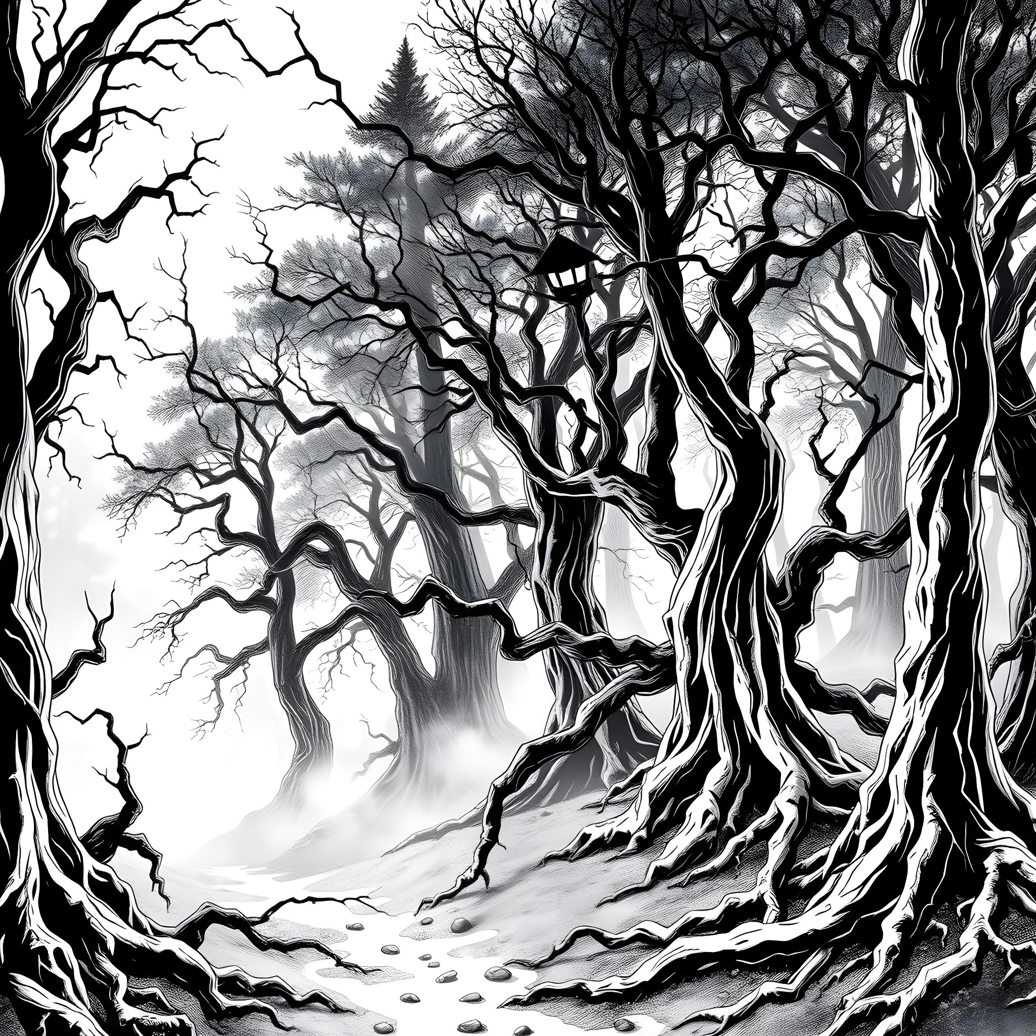 Creepy Twisted Trees in Eerie Forest Coloring Page (free black-and-white line drawing printable PDF for all, from beginners to advanced learners, including children, teens, adults, and seniors)