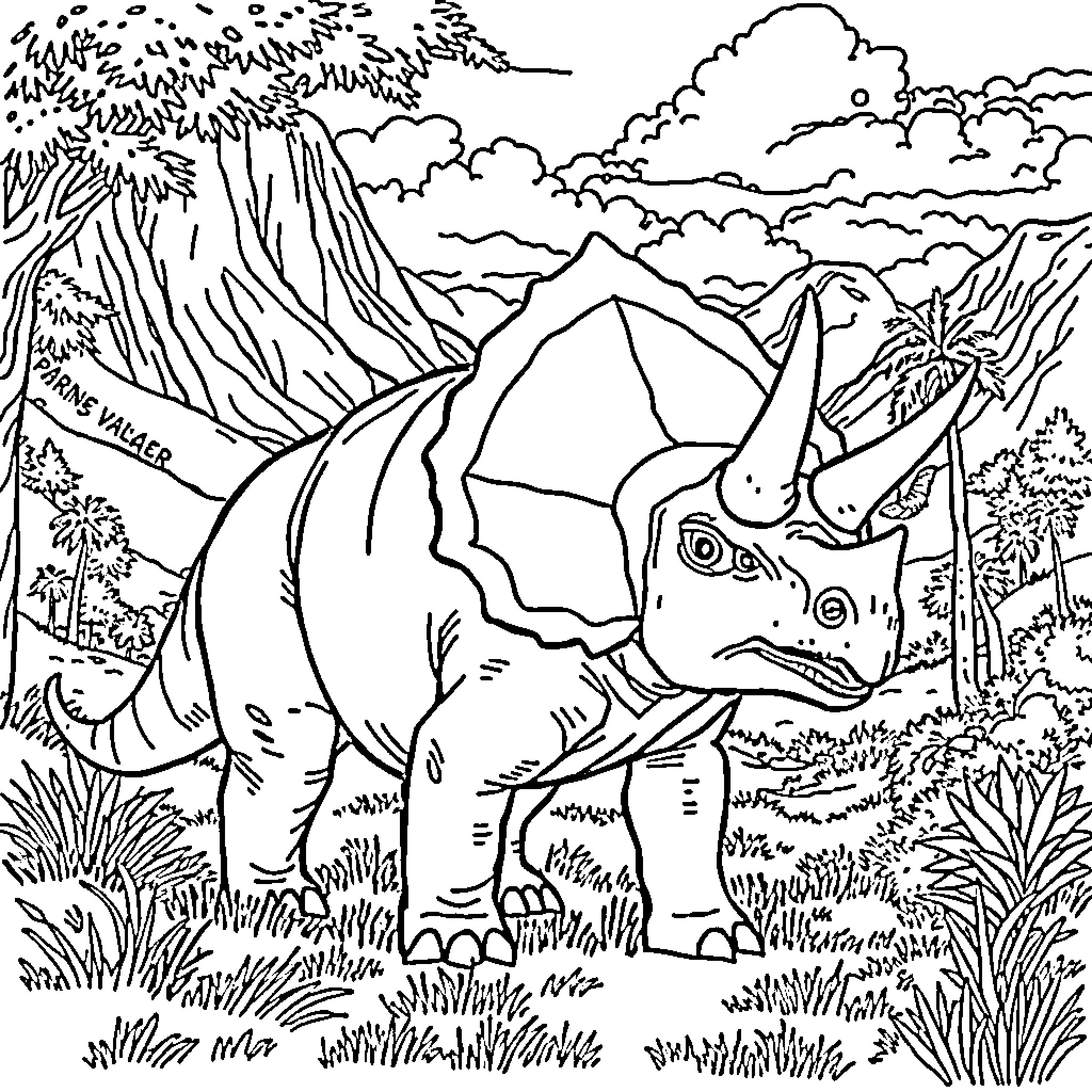 Triceratops exploring the lush prehistoric landscape Coloring Page (free black-and-white line drawing printable PDF for all, from beginners to advanced learners, including children, teens, adults, and seniors)