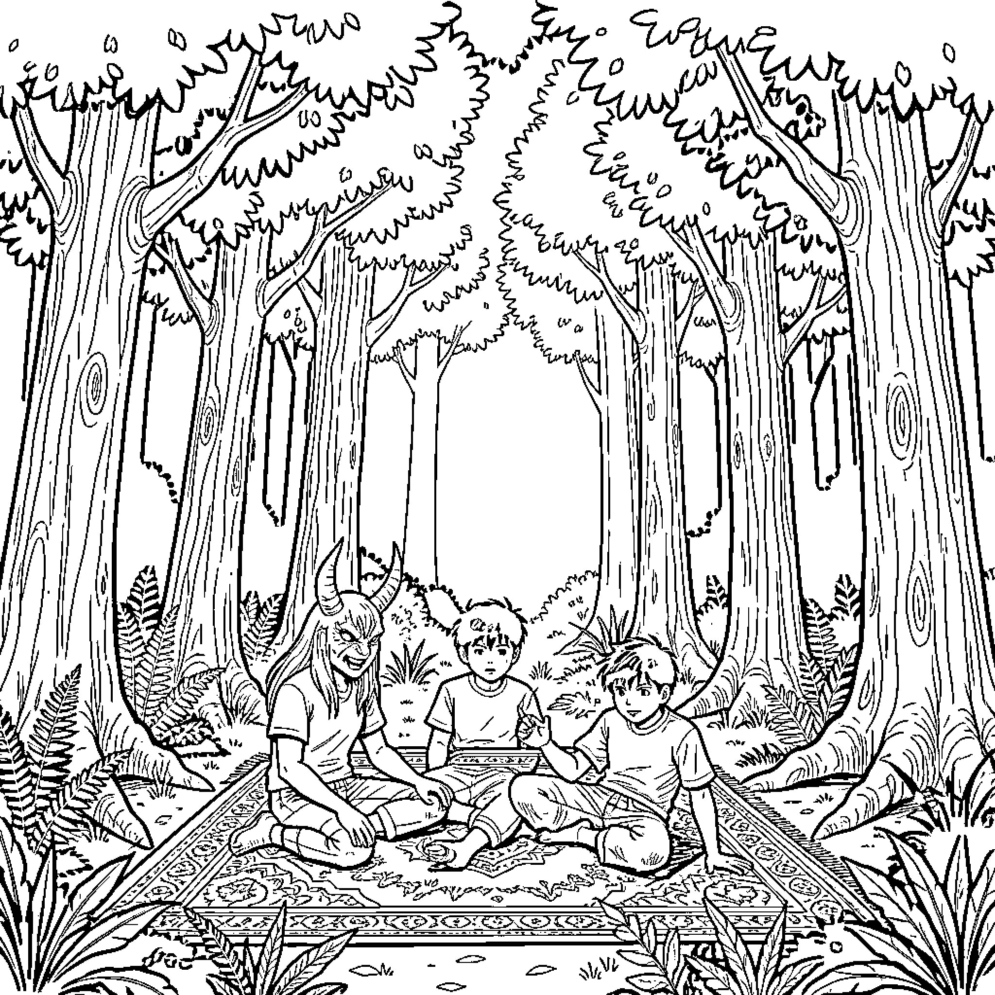 Demon children playing in the enchanted forest Coloring Page (free black-and-white line drawing printable PDF for all, from beginners to advanced learners, including children, teens, adults, and seniors)