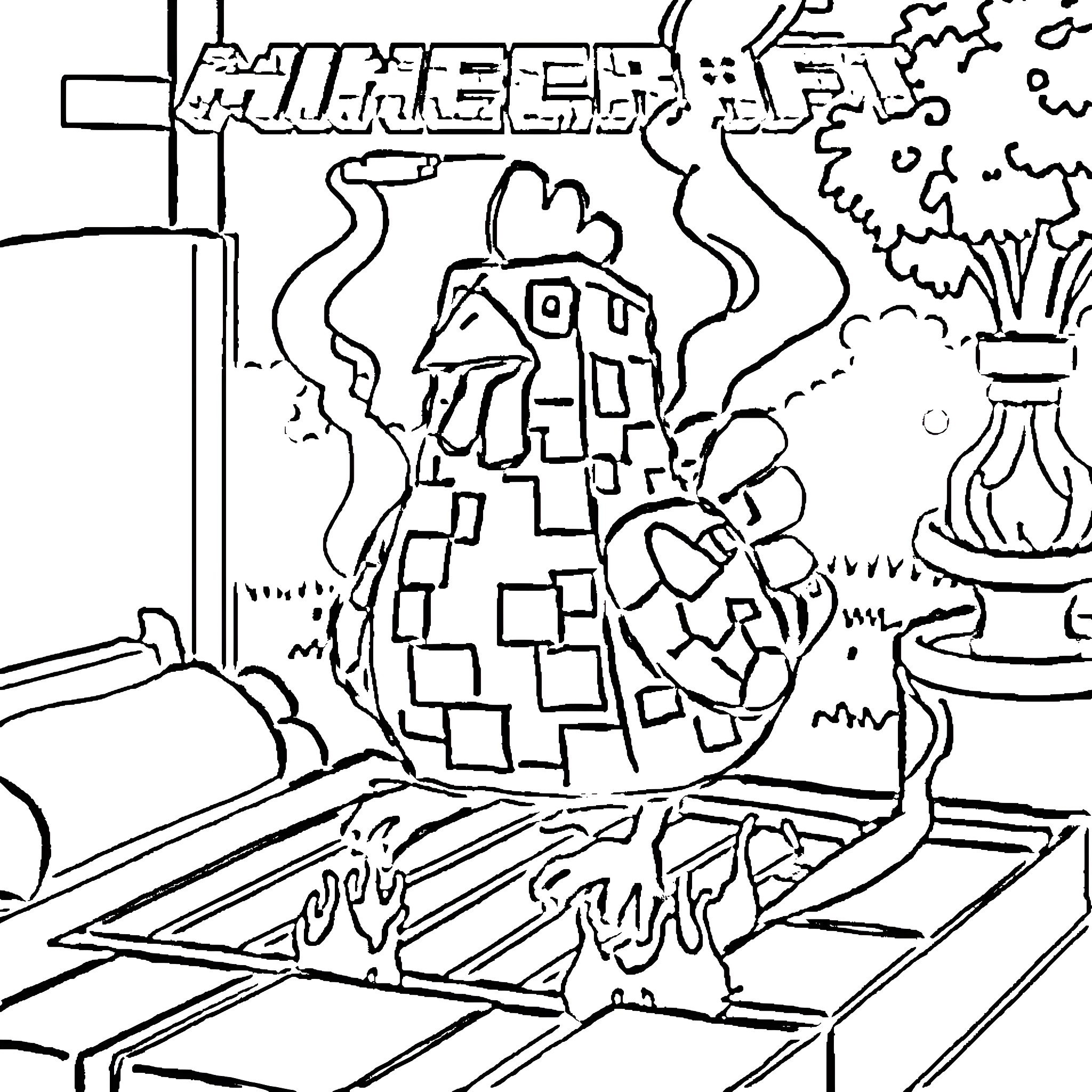 Chicken in a colorful, abstract environment Coloring Page (free black-and-white line drawing printable PDF for all, from beginners to advanced learners, including children, teens, adults, and seniors)