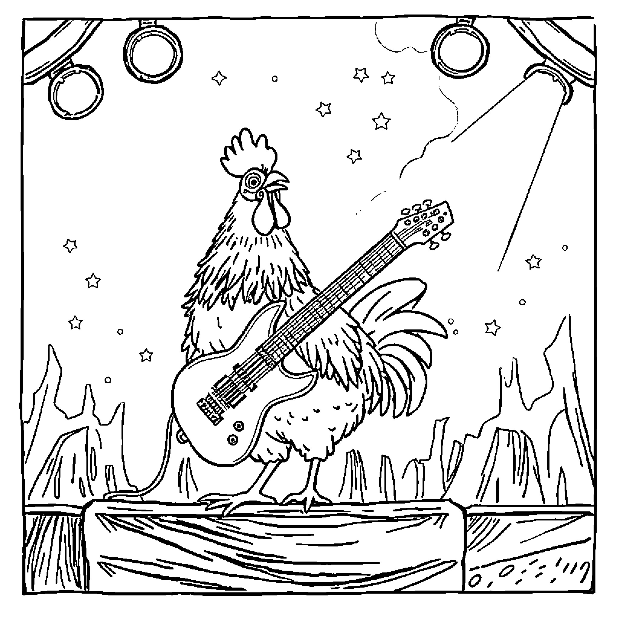 Hen playing electric guitar under the night sky Coloring Page (free black-and-white line drawing printable PDF for all, from beginners to advanced learners, including children, teens, adults, and seniors)