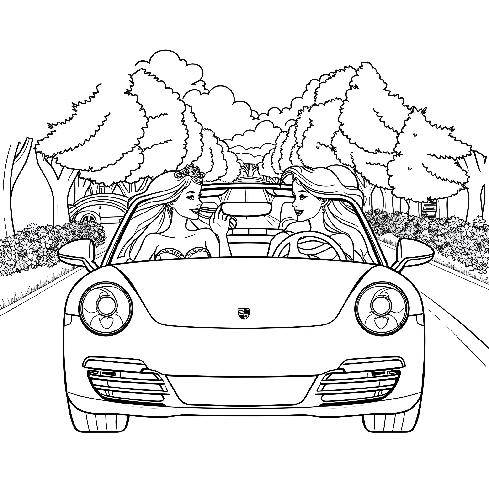 Princess enjoys scenic road trip in sports car Coloring Page (free black-and-white line drawing printable PDF for all, from beginners to advanced learners, including children, teens, adults, and seniors)