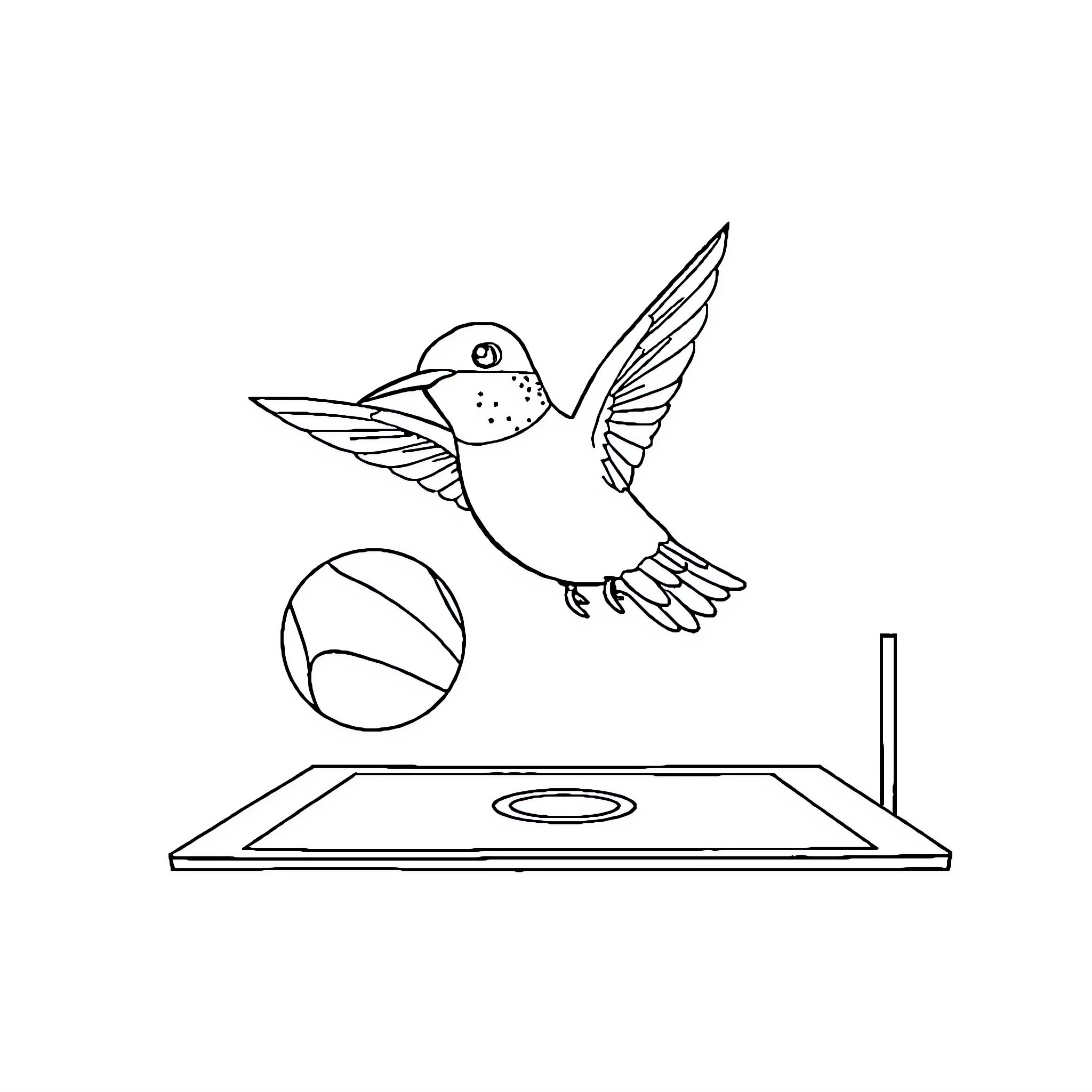 Hummingbird playing with ball on table Coloring Page (free black-and-white line drawing printable PDF for all, from beginners to advanced learners, including children, teens, adults, and seniors)