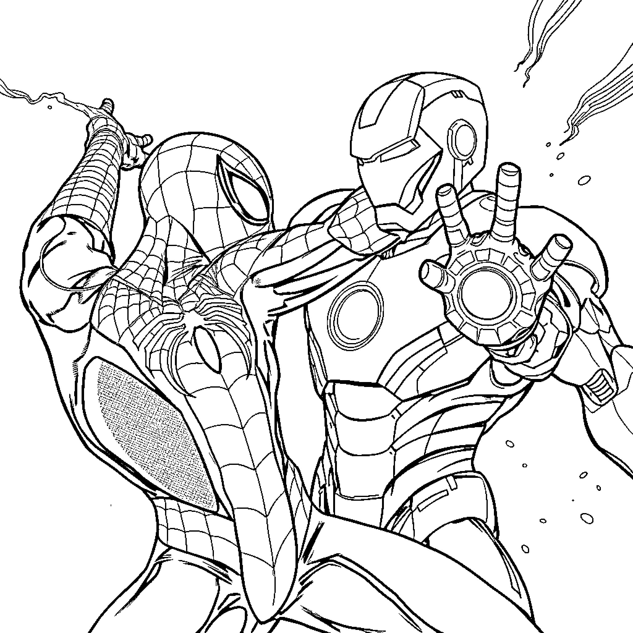Spiderman and Iron Man battling together Coloring Page (free black-and-white line drawing printable PDF for all, from beginners to advanced learners, including children, teens, adults, and seniors)