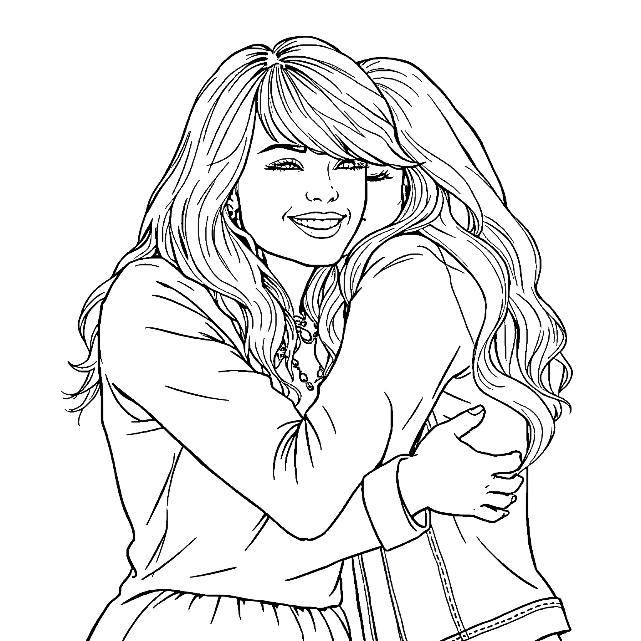 Taylor Swift posing happily in casual attire Coloring Page (free black-and-white line drawing printable PDF for all, from beginners to advanced learners, including children, teens, adults, and seniors)