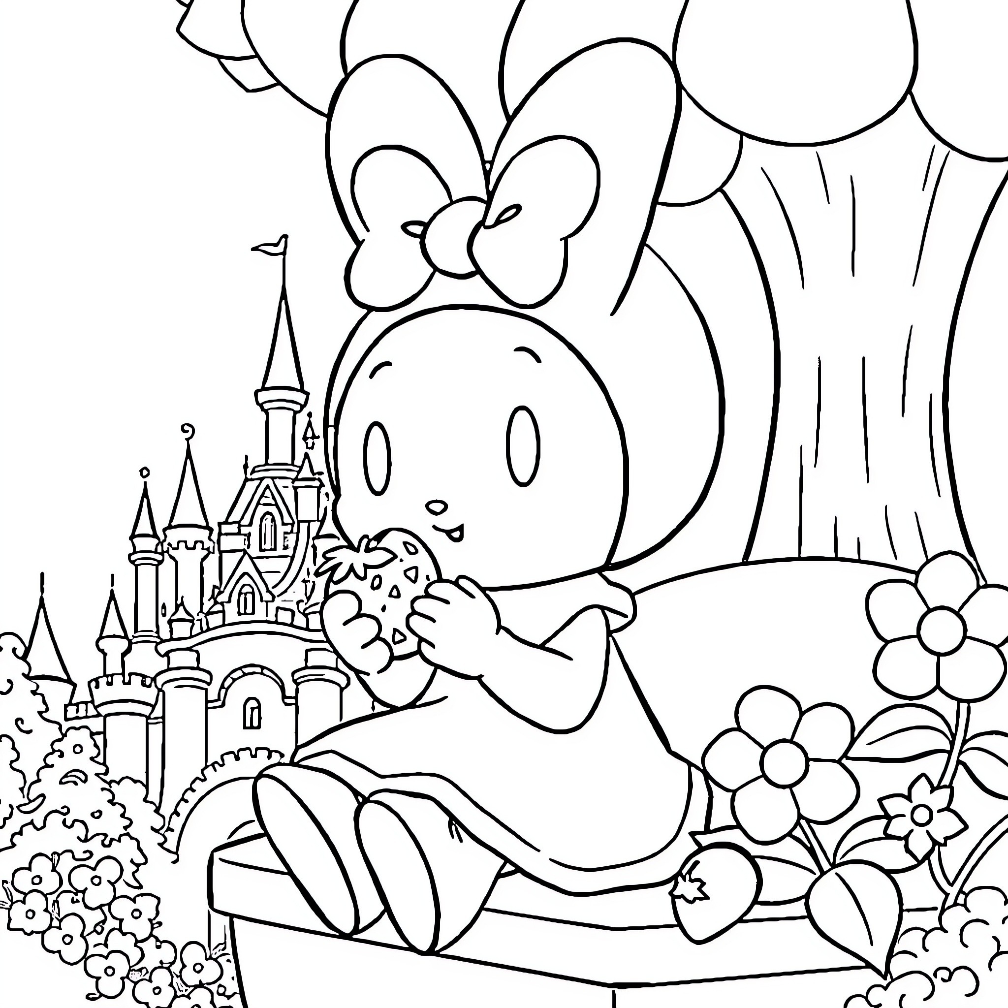 My Melody Playing in a Magical Garden Coloring Page (free black-and-white line drawing printable PDF for all, from beginners to advanced learners, including children, teens, adults, and seniors)