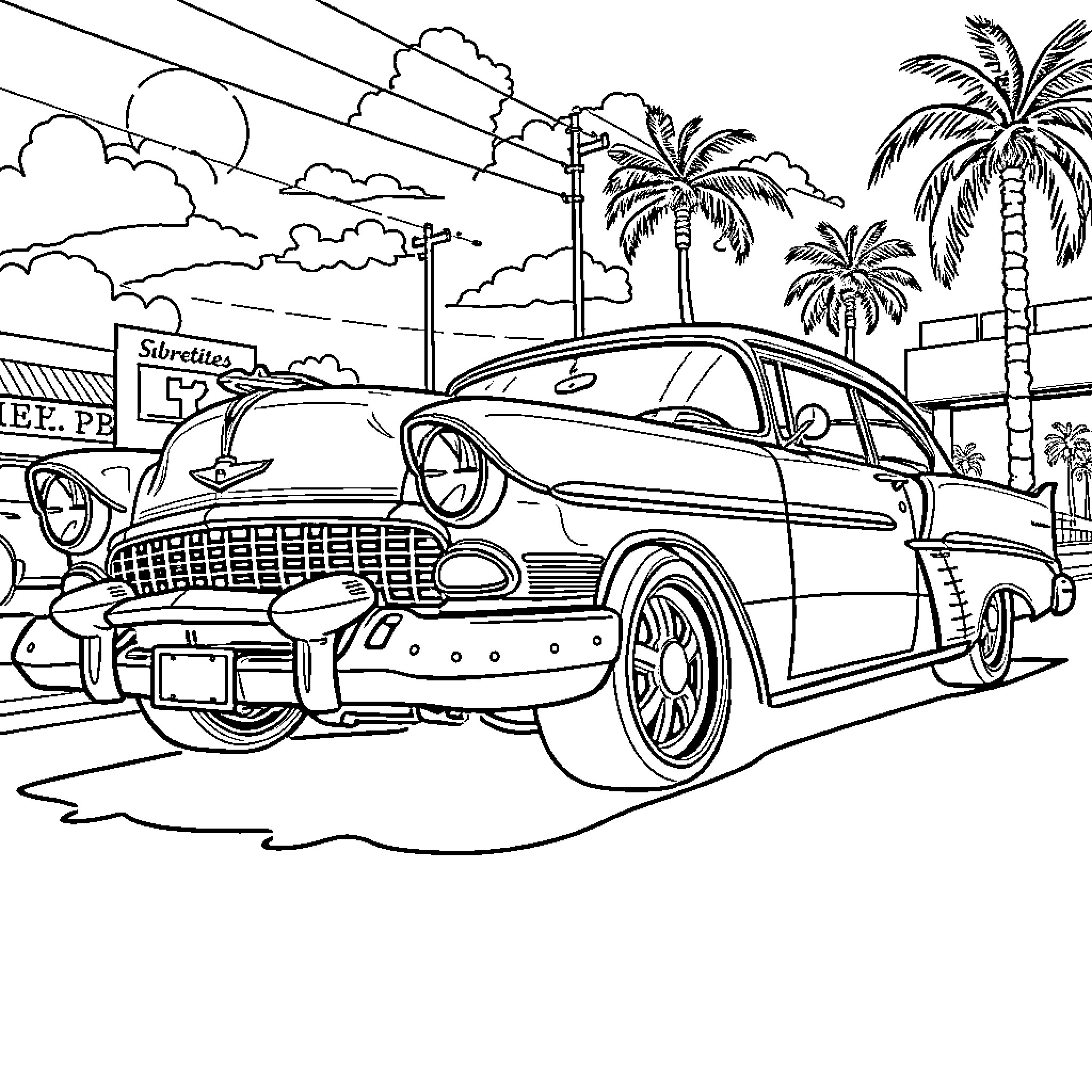 Lowrider cruising past palm trees and clouds Coloring Page (free black-and-white line drawing printable PDF for all, from beginners to advanced learners, including children, teens, adults, and seniors)