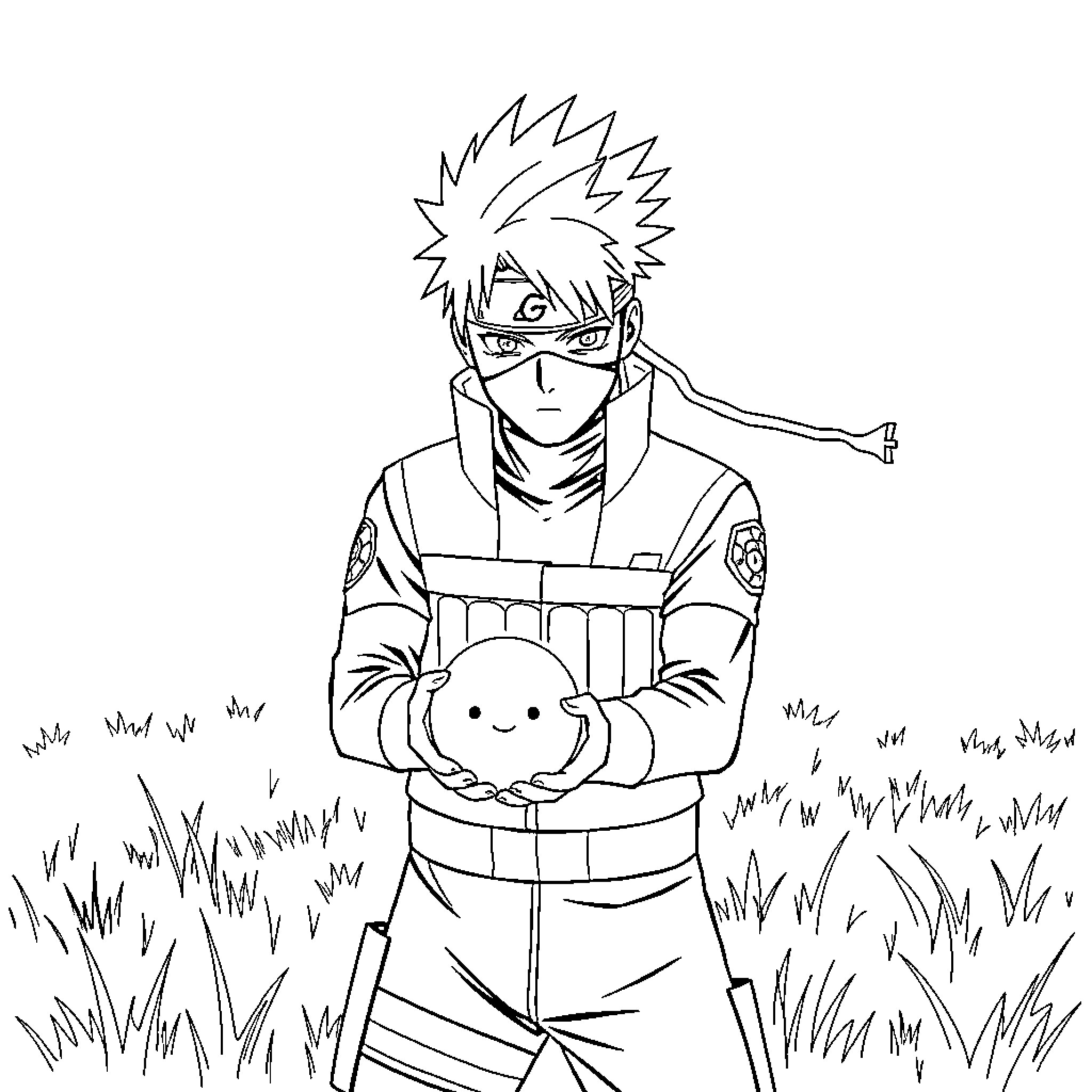 Kakashi holding a cheerful companion in the grass Coloring Page (free black-and-white line drawing printable PDF for all, from beginners to advanced learners, including children, teens, adults, and seniors)