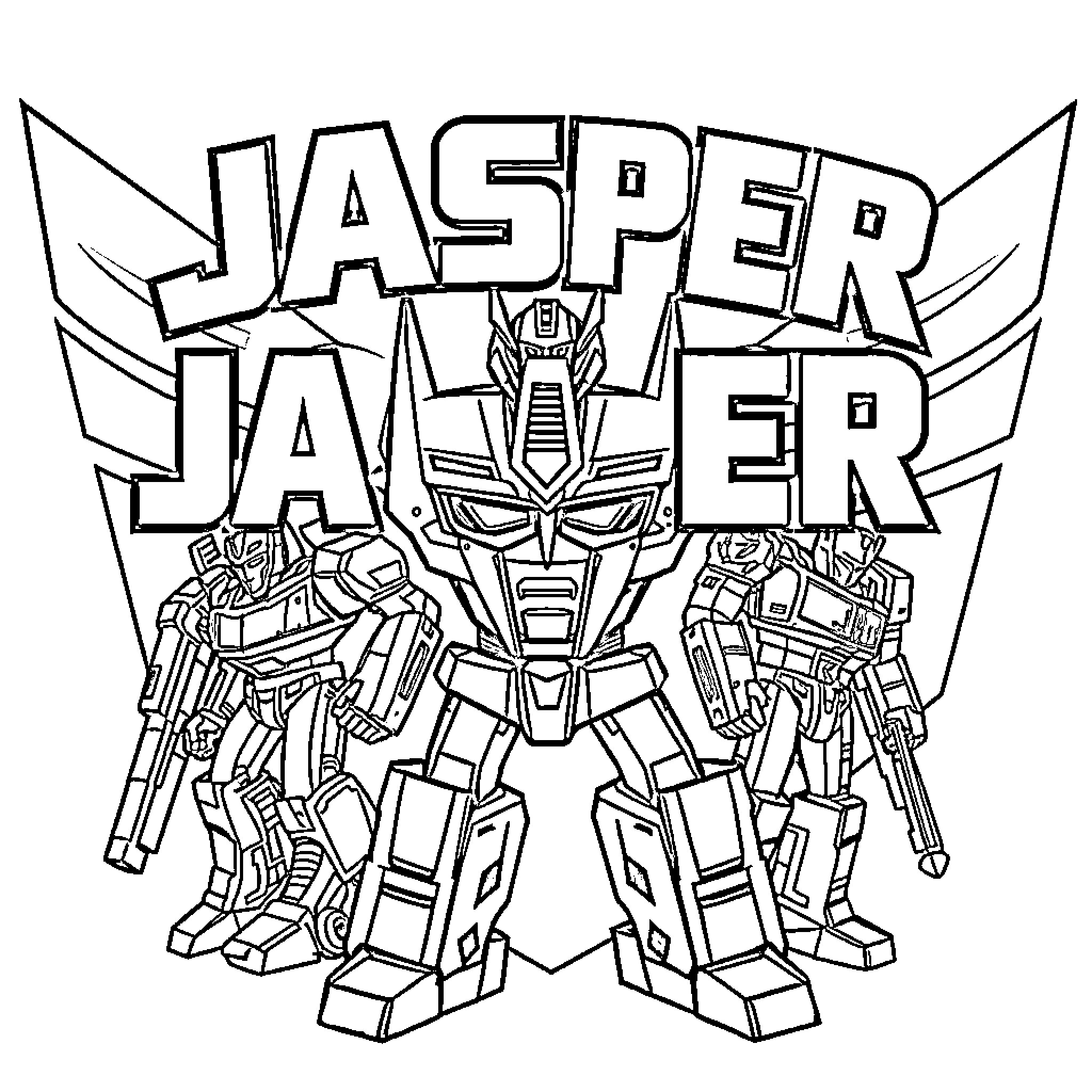 Transformer Robots Jasper and Jasper Coloring Page (free black-and-white line drawing printable PDF for all, from beginners to advanced learners, including children, teens, adults, and seniors)