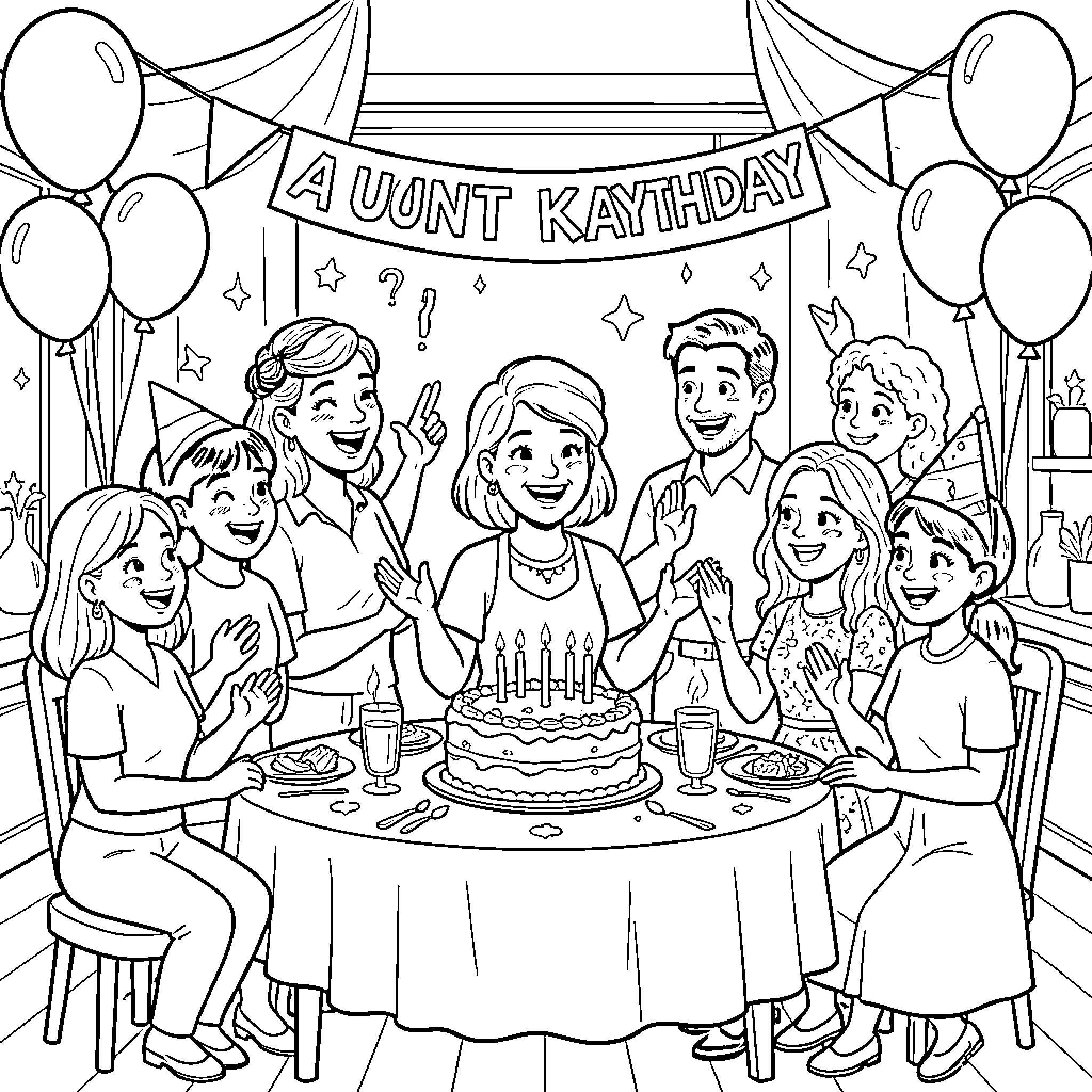 Aunt celebrating her birthday with joyful family members Coloring Page (free black-and-white line drawing printable PDF for all, from beginners to advanced learners, including children, teens, adults, and seniors)