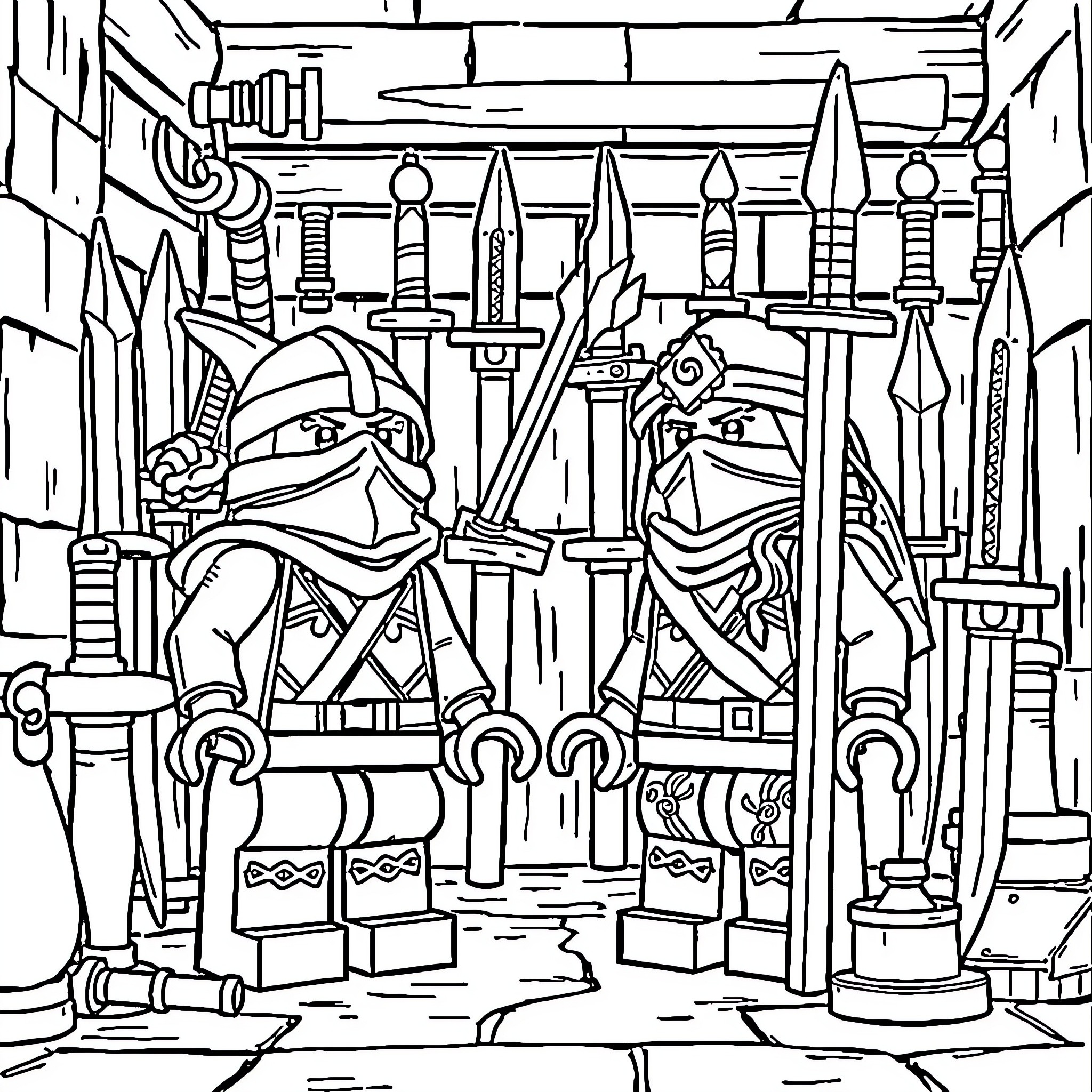 Lego Ninjago warriors battling in a medieval castle Coloring Page (free black-and-white line drawing printable PDF for all, from beginners to advanced learners, including children, teens, adults, and seniors)
