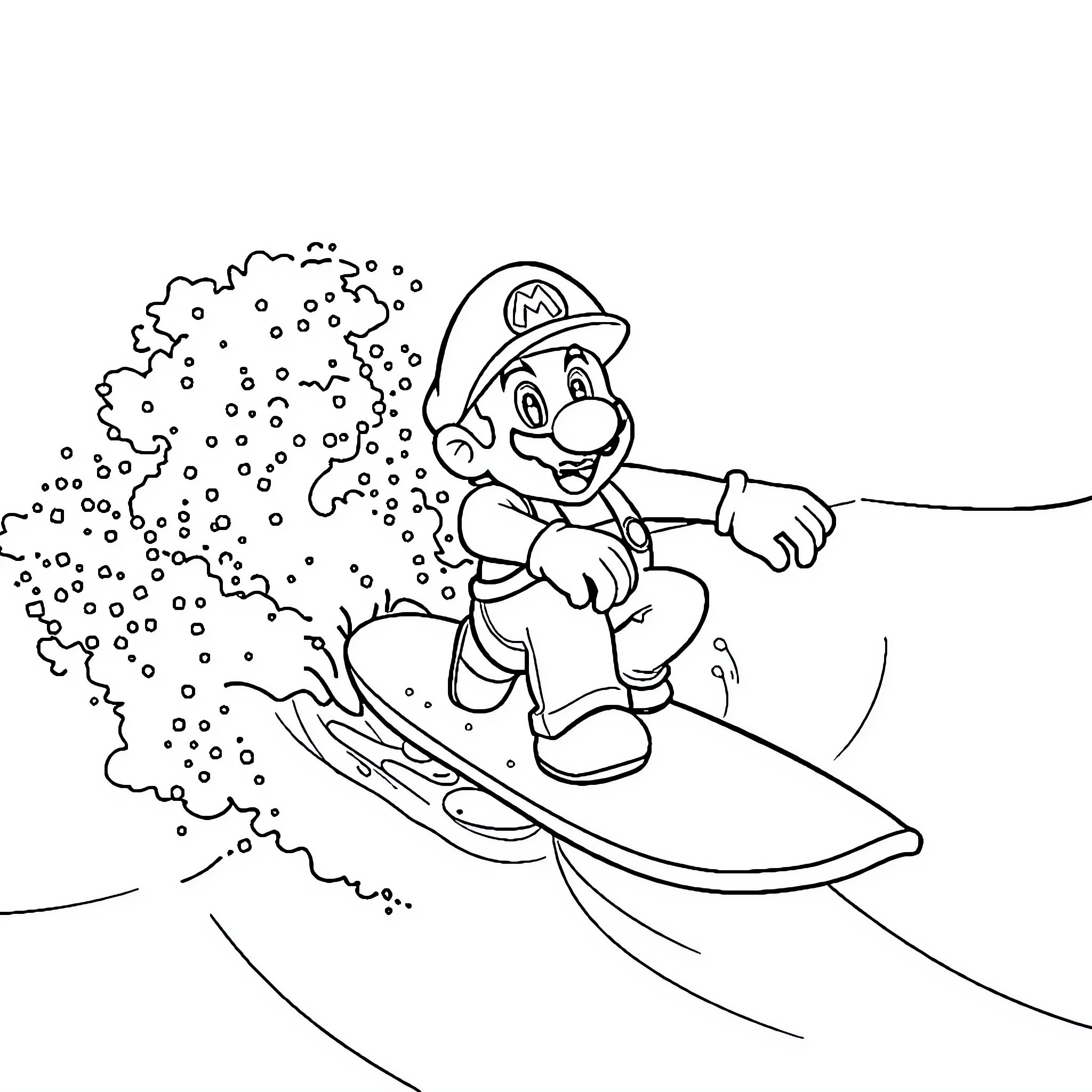 Mario snowboarding down a slope Coloring Page (free black-and-white line drawing printable PDF for all, from beginners to advanced learners, including children, teens, adults, and seniors)