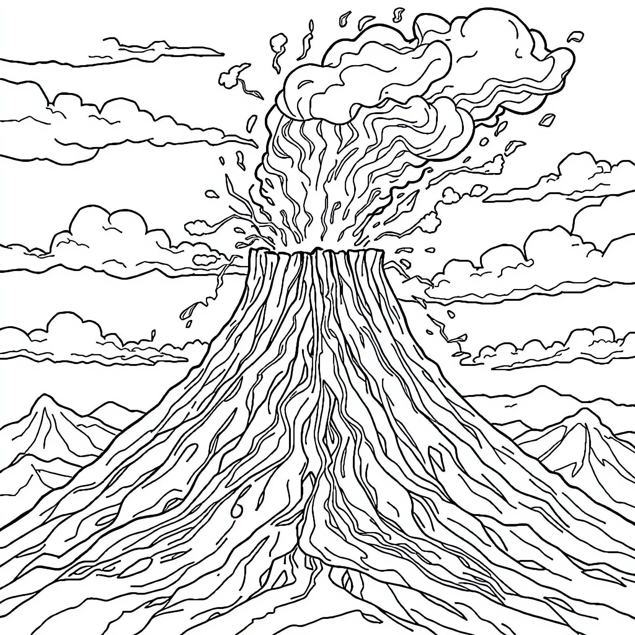 Volcano erupting with dramatic smoke and clouds Coloring Page (free black-and-white line drawing printable PDF for all, from beginners to advanced learners, including children, teens, adults, and seniors)