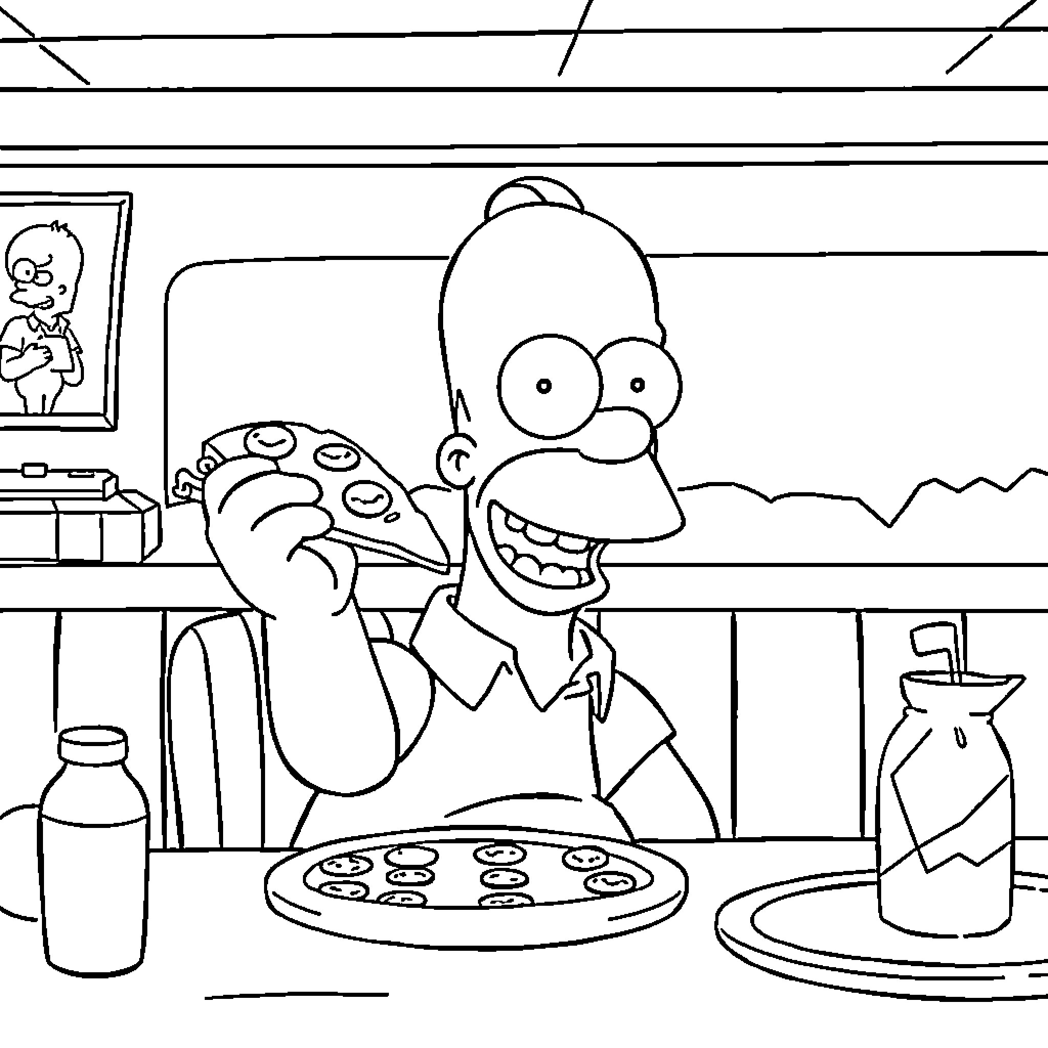 Homer Simpson enjoying a homemade pizza snack Coloring Page (free black-and-white line drawing printable PDF for all, from beginners to advanced learners, including children, teens, adults, and seniors)
