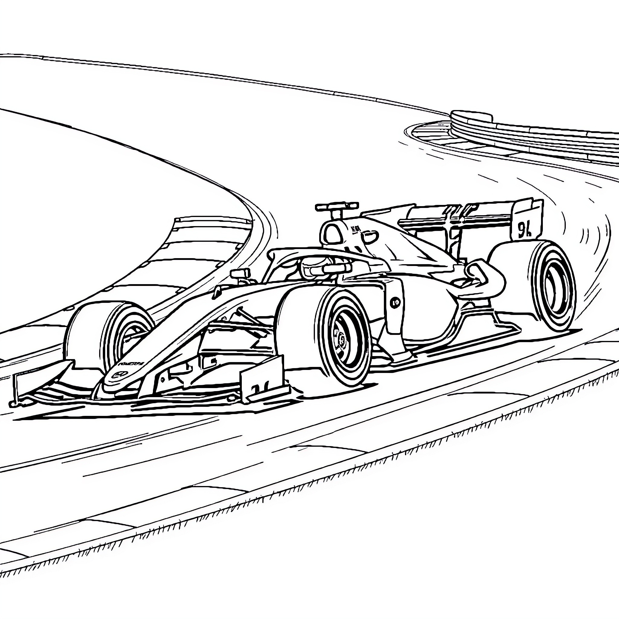 F1 Race Car speeding on the track Coloring Page (free black-and-white line drawing printable PDF for all, from beginners to advanced learners, including children, teens, adults, and seniors)