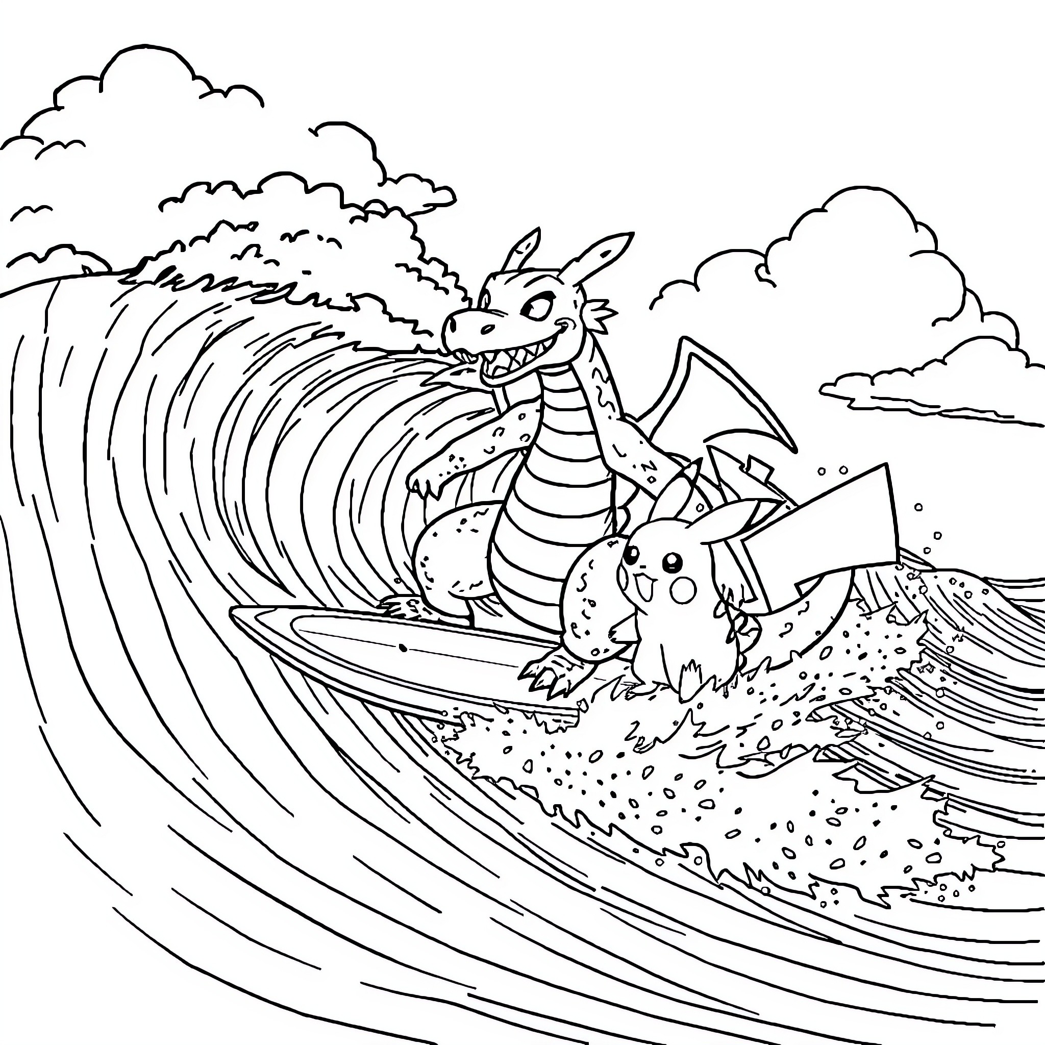 Dracaufeu surfing on giant wave with Pokemon companion Coloring Page (free black-and-white line drawing printable PDF for all, from beginners to advanced learners, including children, teens, adults, and seniors)