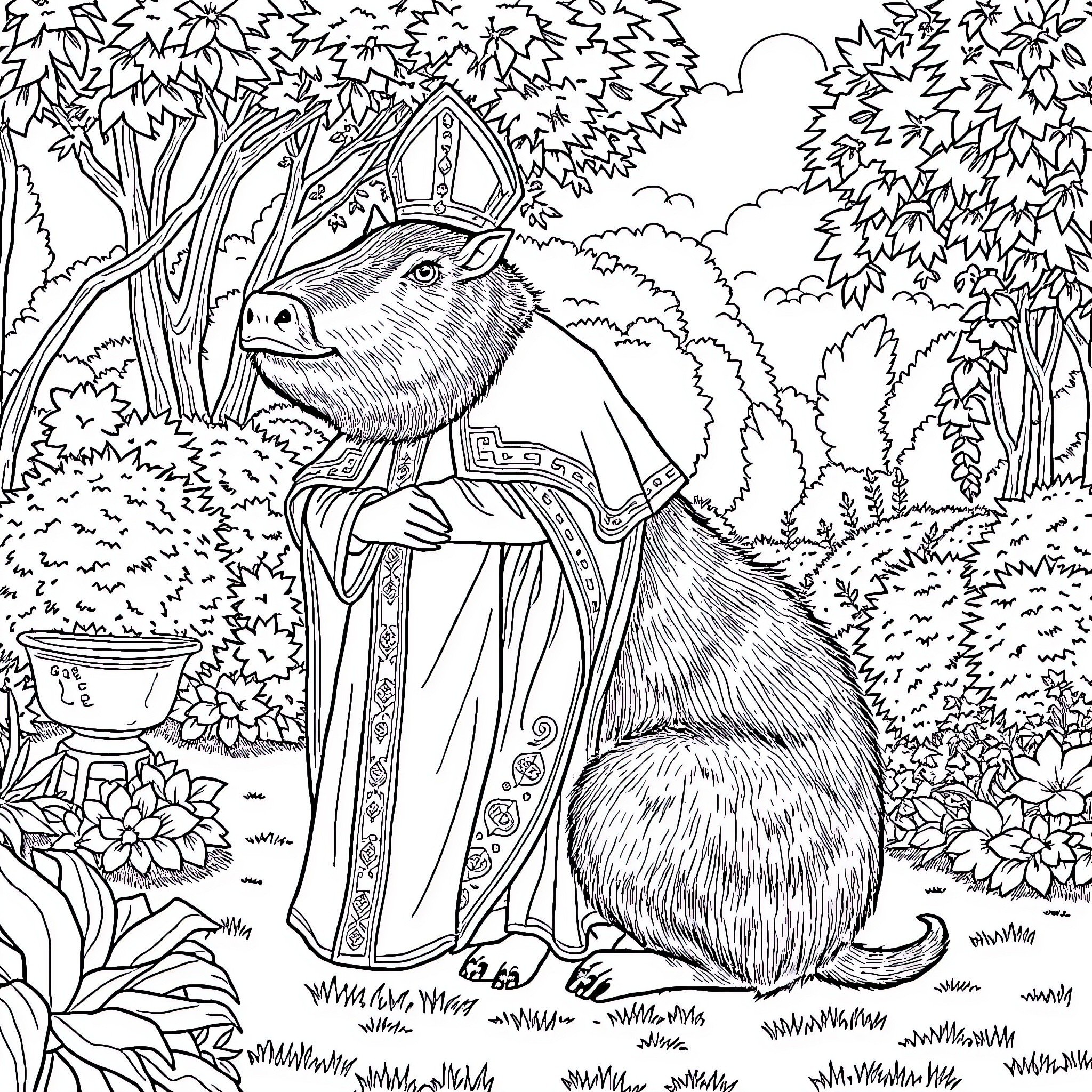 Capybara wearing ornate robes in a lush forest Coloring Page (free black-and-white line drawing printable PDF for all, from beginners to advanced learners, including children, teens, adults, and seniors)