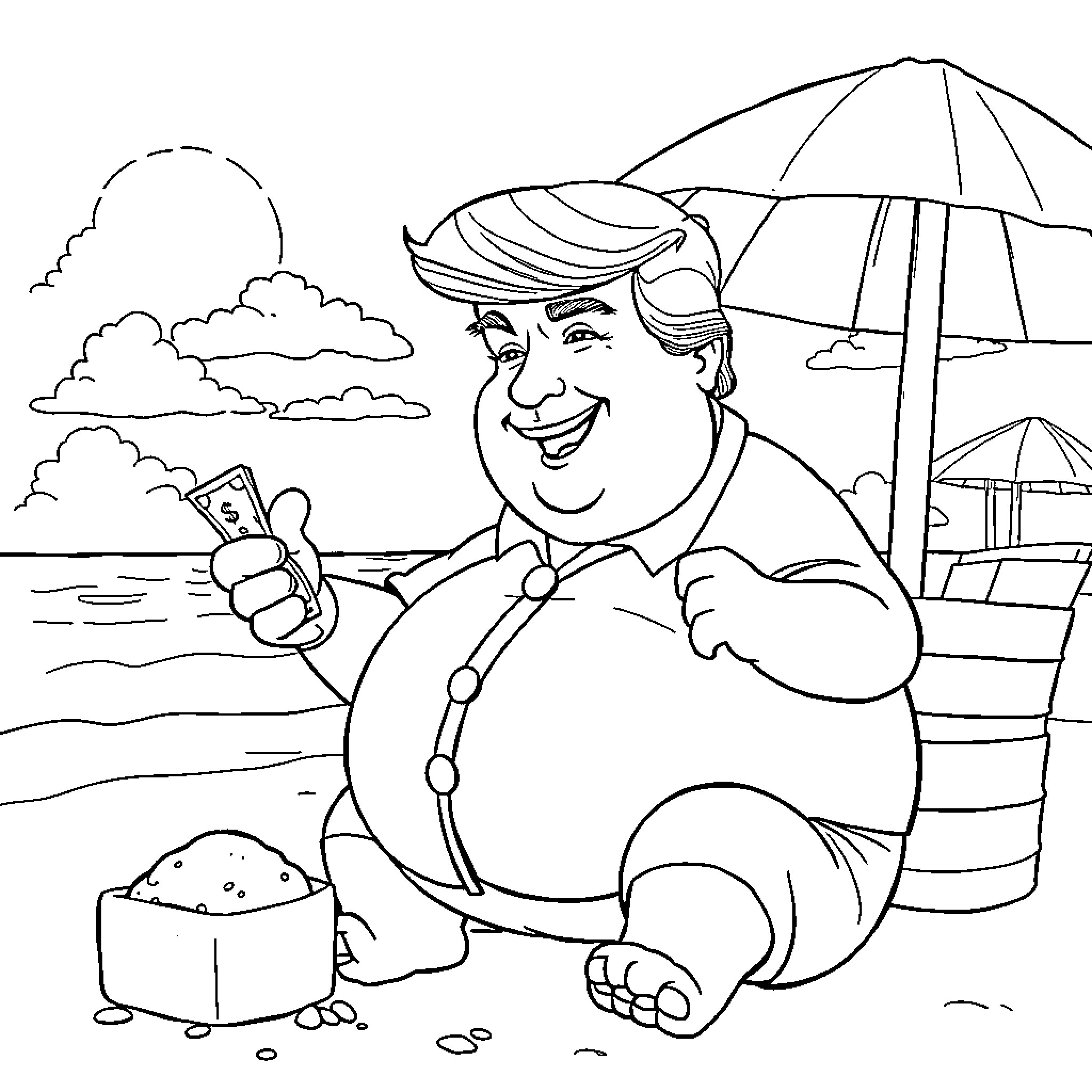 Trump relaxing on the beach with umbrella and drink Coloring Page (free black-and-white line drawing printable PDF for all, from beginners to advanced learners, including children, teens, adults, and seniors)