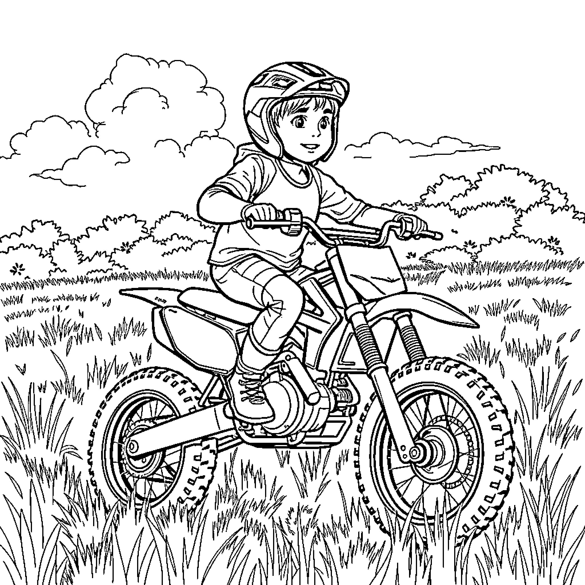 Boy riding a dirt bike through the countryside Coloring Page (free black-and-white line drawing printable PDF for all, from beginners to advanced learners, including children, teens, adults, and seniors)