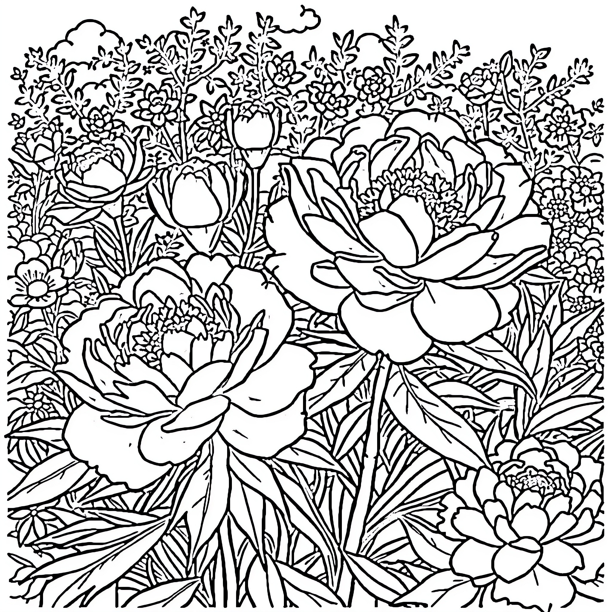 Peony garden with blooming flowers Coloring Page (free black-and-white line drawing printable PDF for all, from beginners to advanced learners, including children, teens, adults, and seniors)
