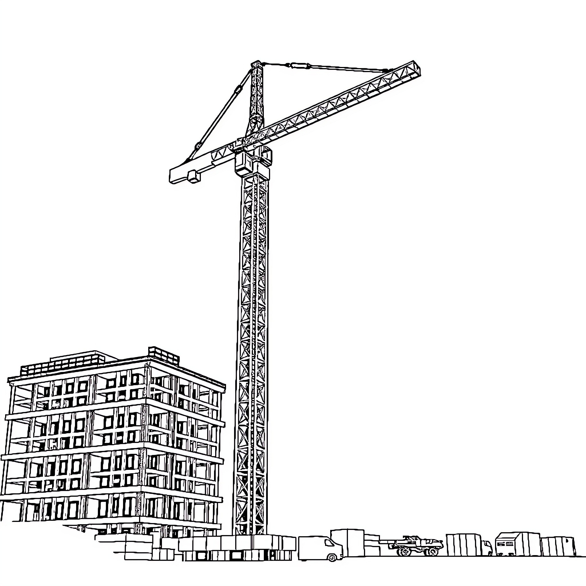 Crane constructing a multi-story building Coloring Page (free black-and-white line drawing printable PDF for all, from beginners to advanced learners, including children, teens, adults, and seniors)