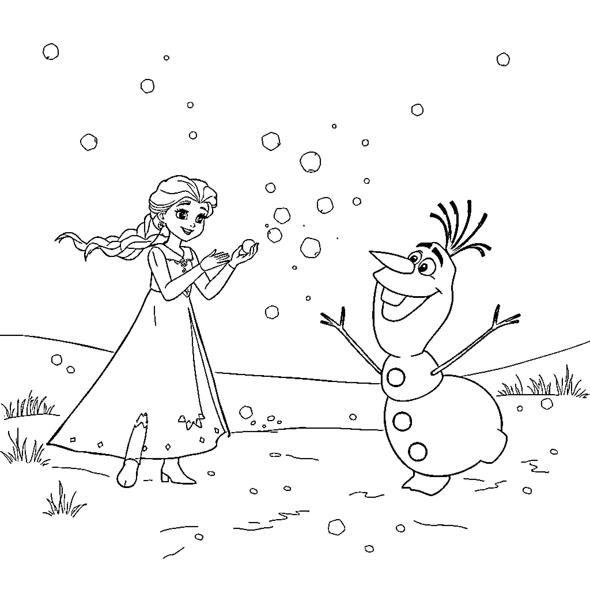 Elsa and Olaf playing in the snowy outdoors Coloring Page (free black-and-white line drawing printable PDF for all, from beginners to advanced learners, including children, teens, adults, and seniors)