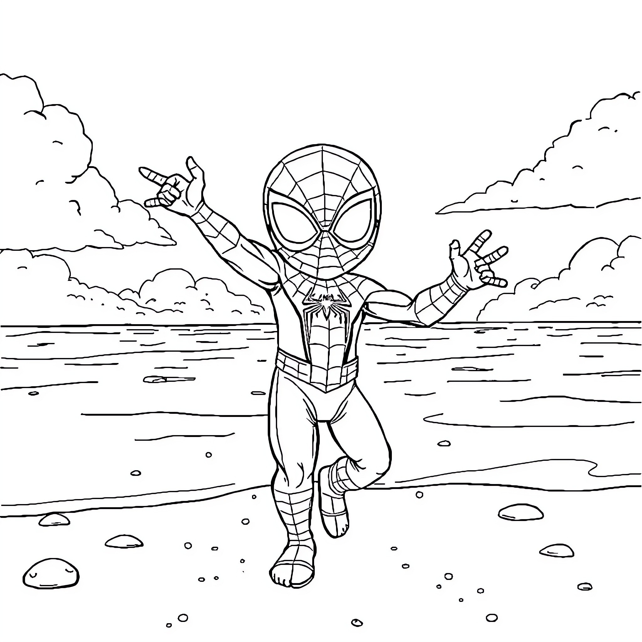 Spider-Man Poses Heroically on the Beach Coloring Page (free black-and-white line drawing printable PDF for all, from beginners to advanced learners, including children, teens, adults, and seniors)