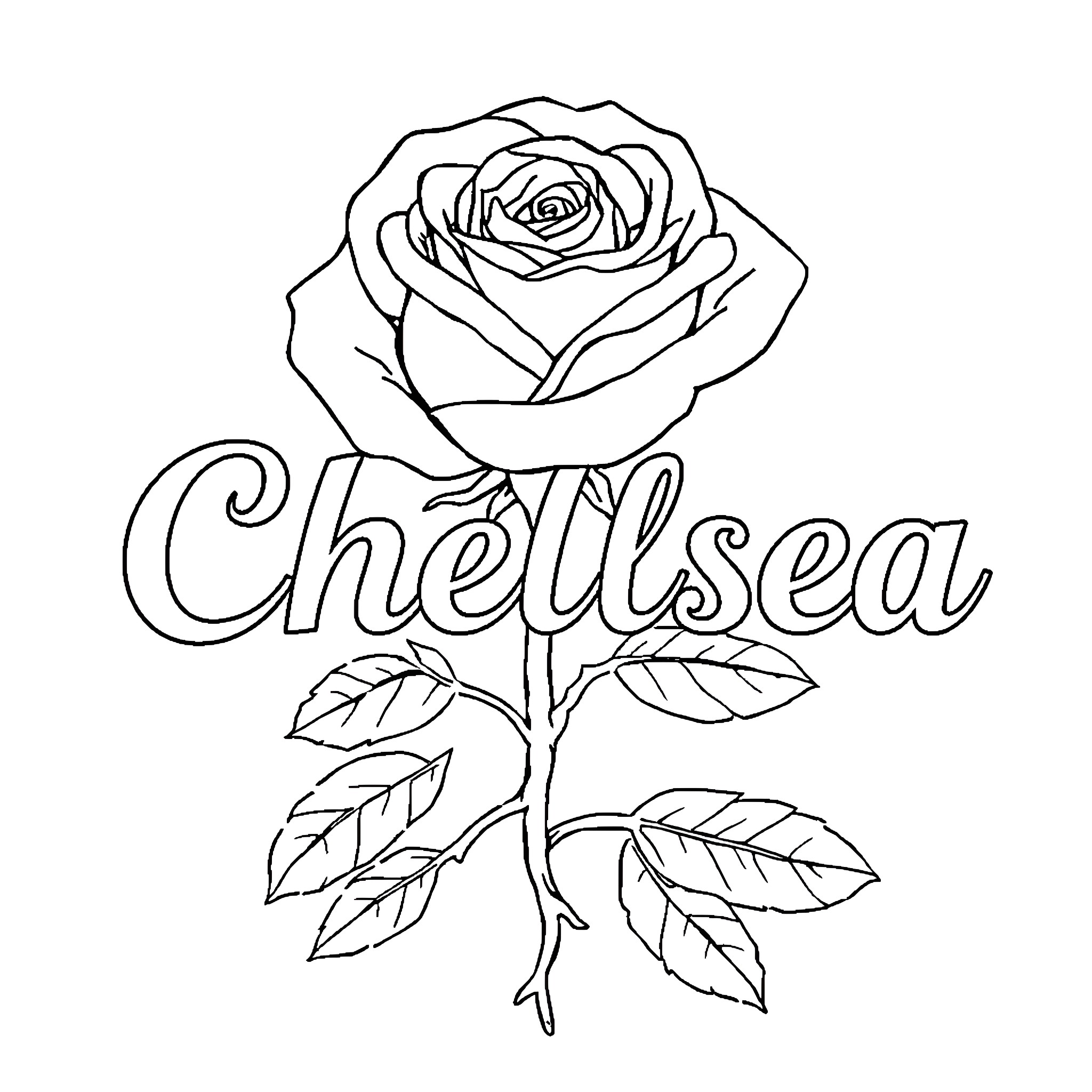 Rose with Chelsea name and leafy details Coloring Page (free black-and-white line drawing printable PDF for all, from beginners to advanced learners, including children, teens, adults, and seniors)