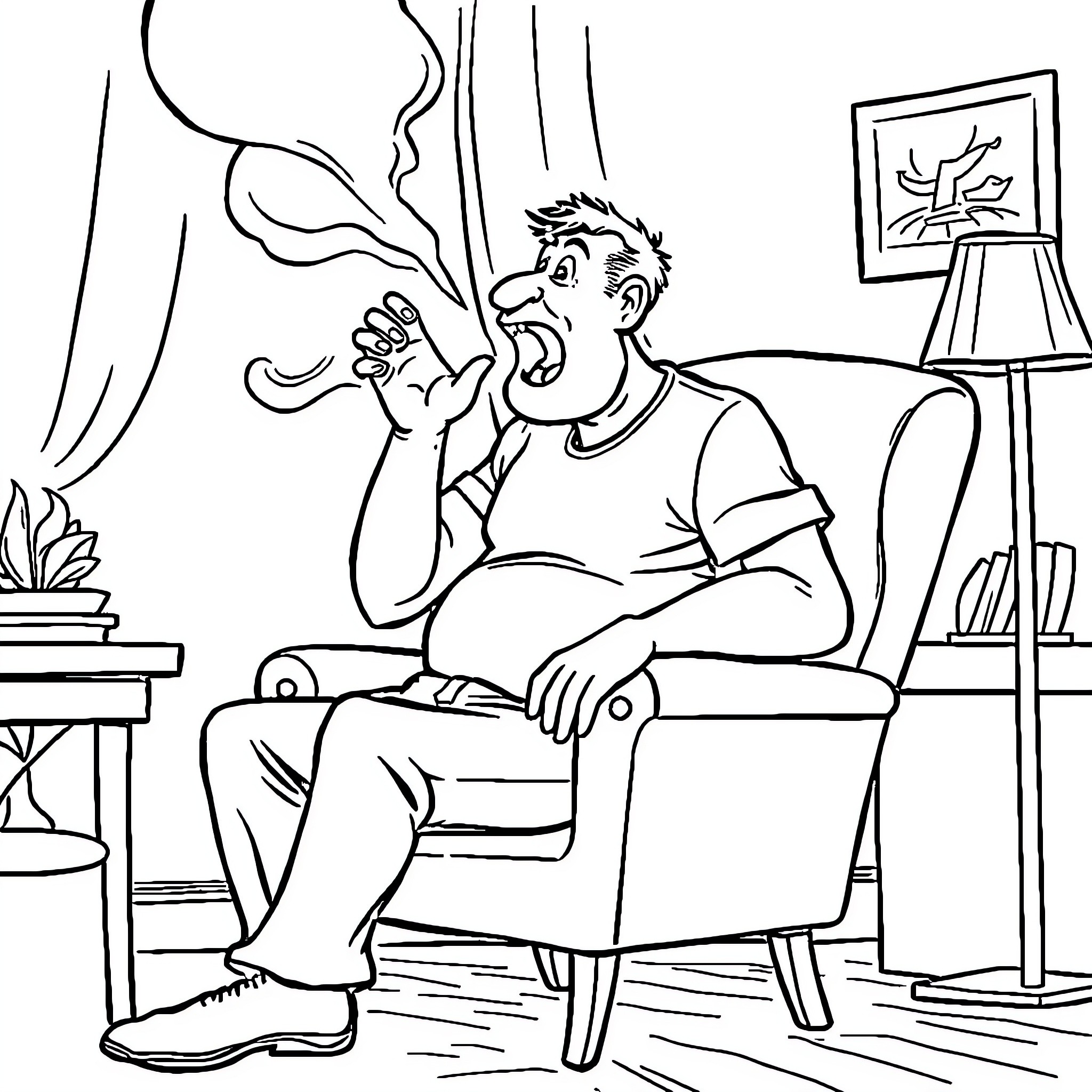Man relaxing at home with a smoking habit Coloring Page (free black-and-white line drawing printable PDF for all, from beginners to advanced learners, including children, teens, adults, and seniors)