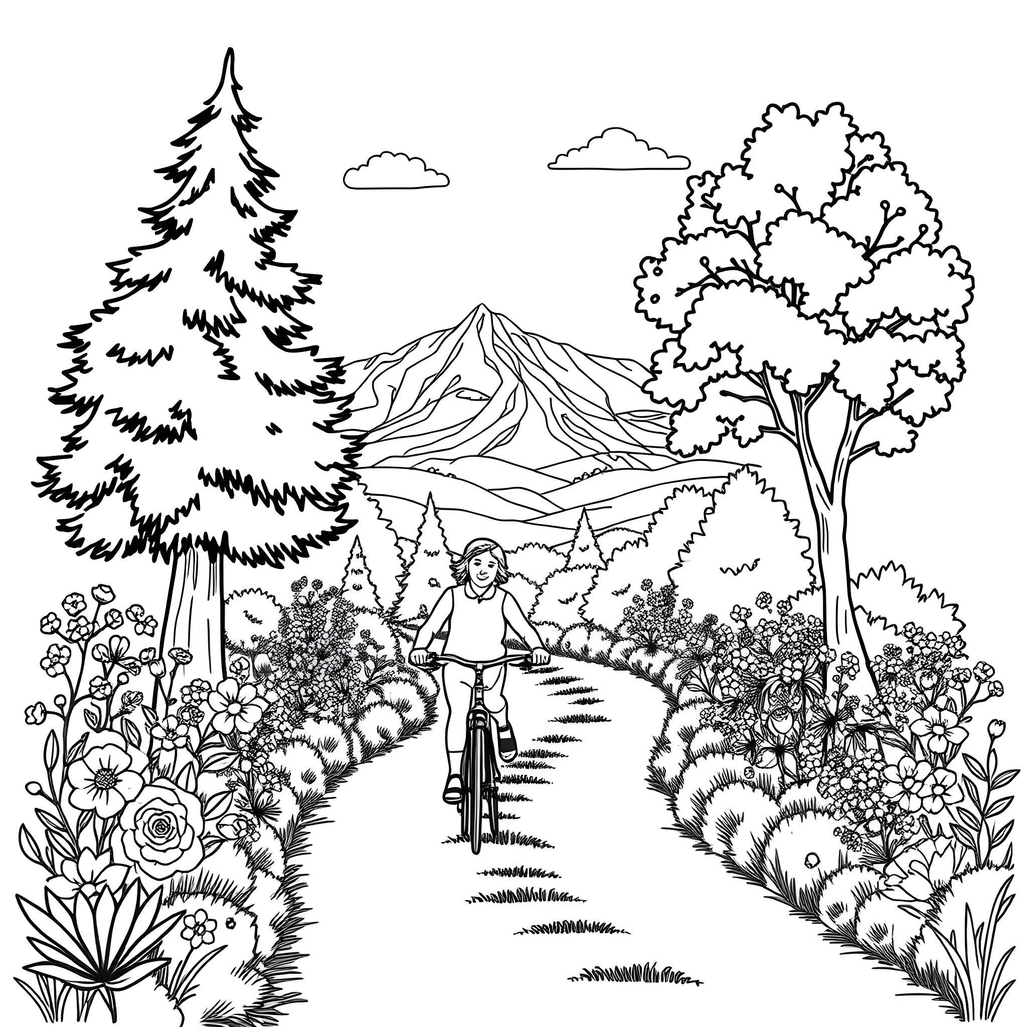 Bike ride through lush forest landscape Coloring Page (free black-and-white line drawing printable PDF for all, from beginners to advanced learners, including children, teens, adults, and seniors)