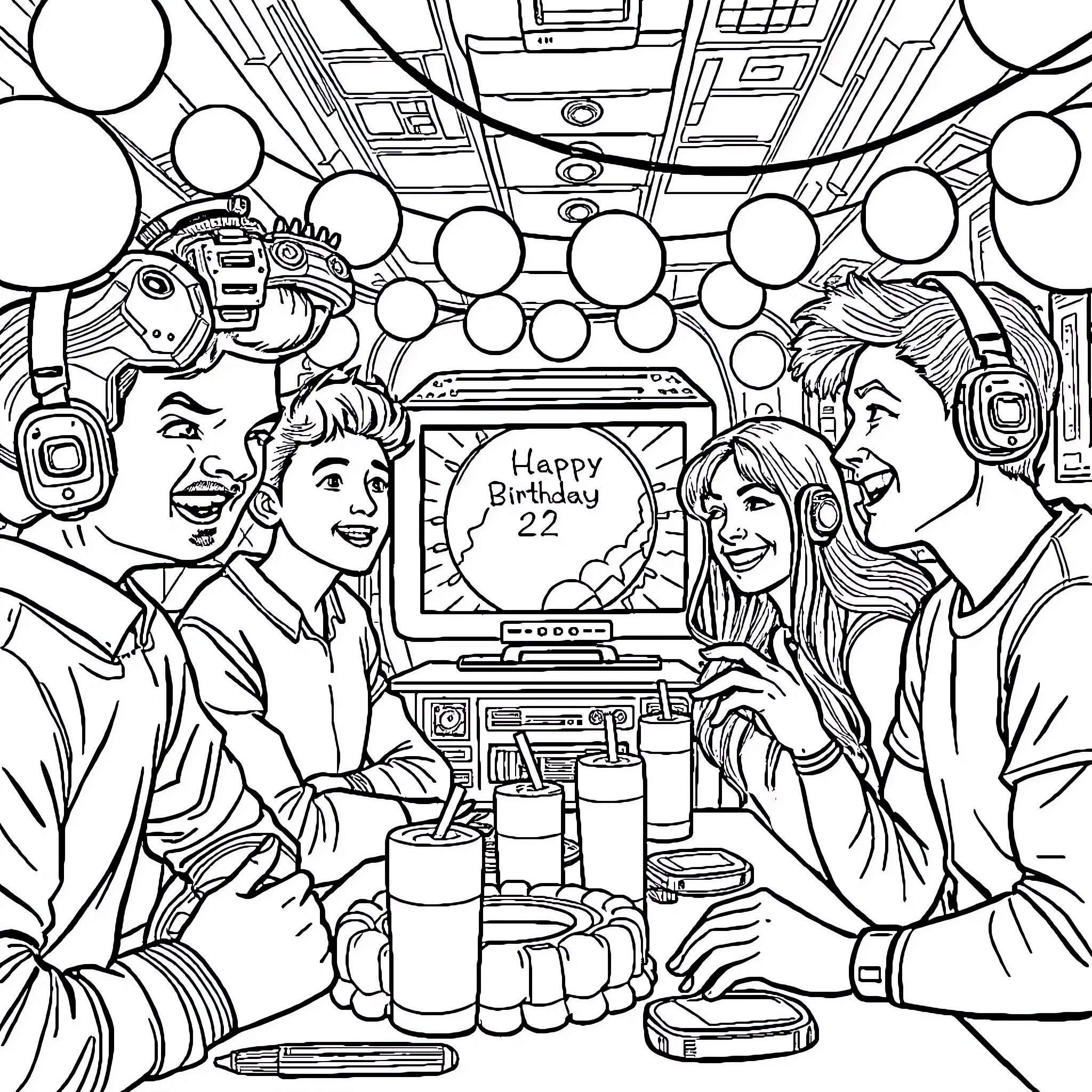 Brother's Happy Birthday Celebration with Friends Coloring Page (free black-and-white line drawing printable PDF for all, from beginners to advanced learners, including children, teens, adults, and seniors)