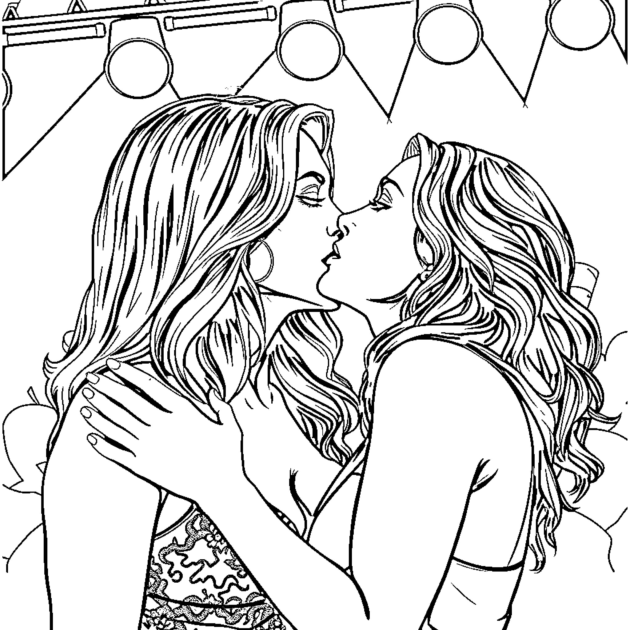 Cameron Diaz and friend in an intimate embrace Coloring Page (free black-and-white line drawing printable PDF for all, from beginners to advanced learners, including children, teens, adults, and seniors)