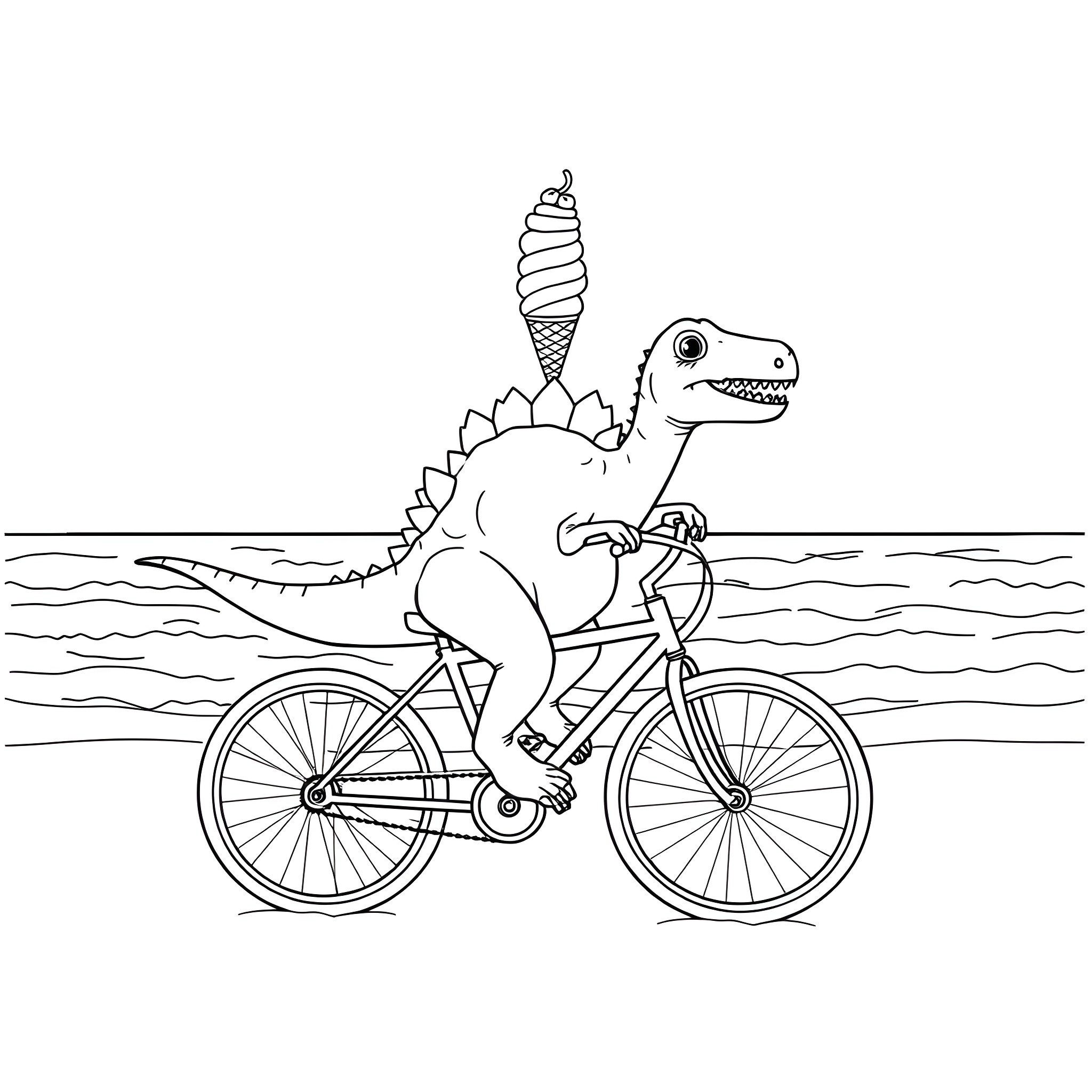 Stegosaurus riding a bicycle on the beach Coloring Page (free black-and-white line drawing printable PDF for all, from beginners to advanced learners, including children, teens, adults, and seniors)