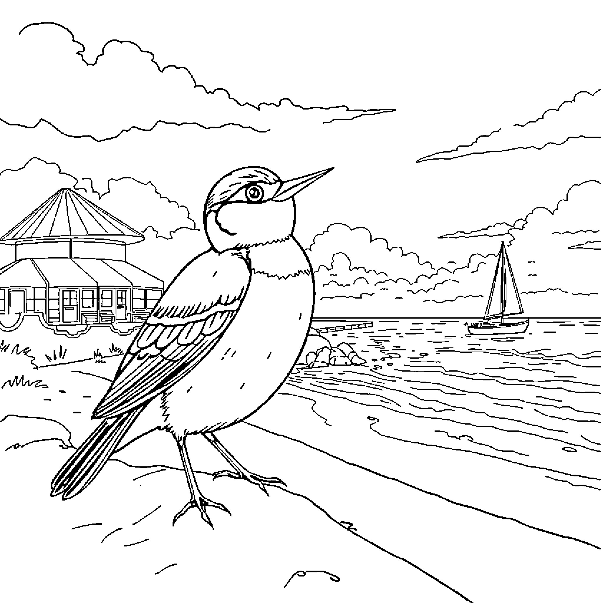 Paw Patrol character exploring scenic coastal landscape Coloring Page (free black-and-white line drawing printable PDF for all, from beginners to advanced learners, including children, teens, adults, and seniors)