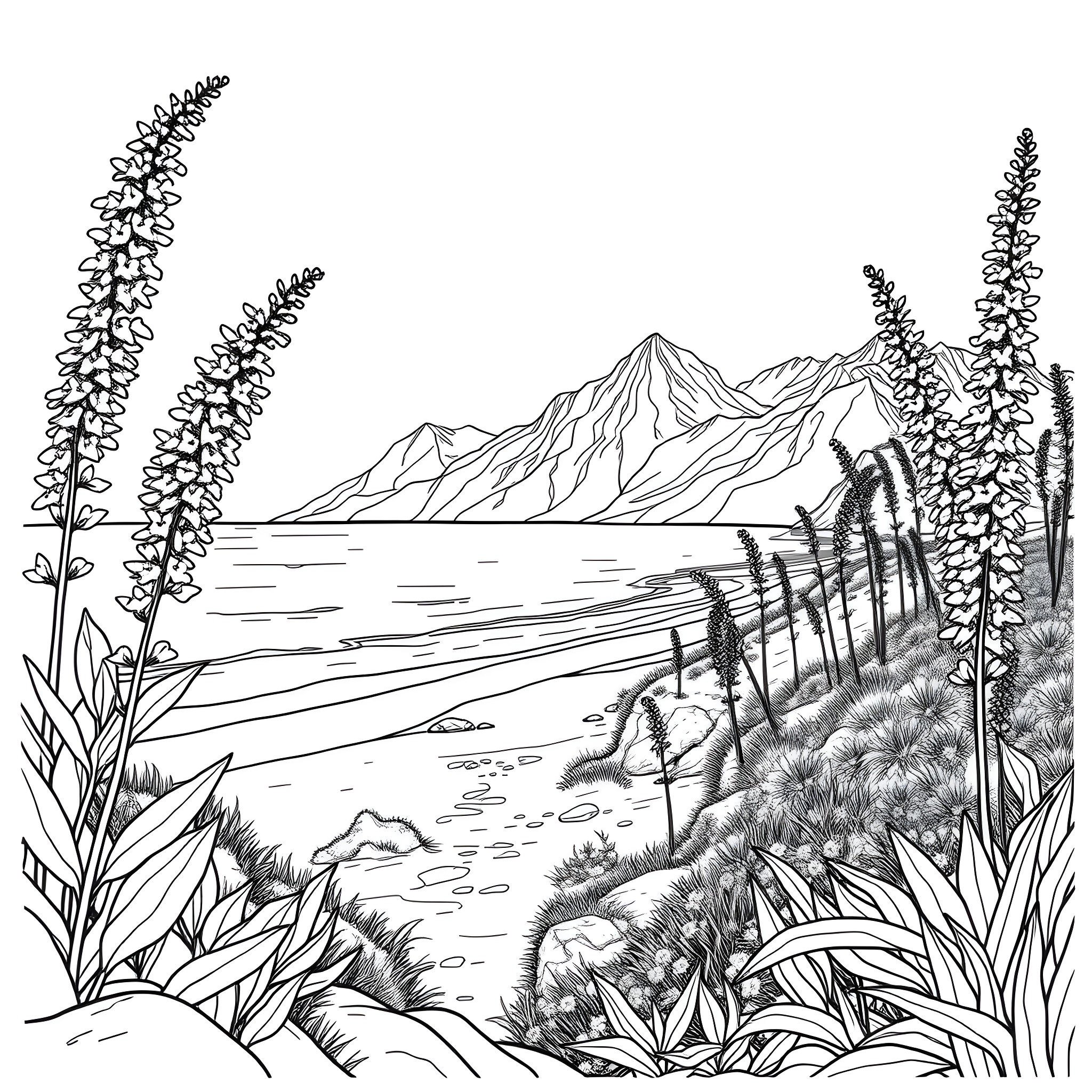 Fireweed blooming near a serene mountain landscape Coloring Page (free black-and-white line drawing printable PDF for all, from beginners to advanced learners, including children, teens, adults, and seniors)