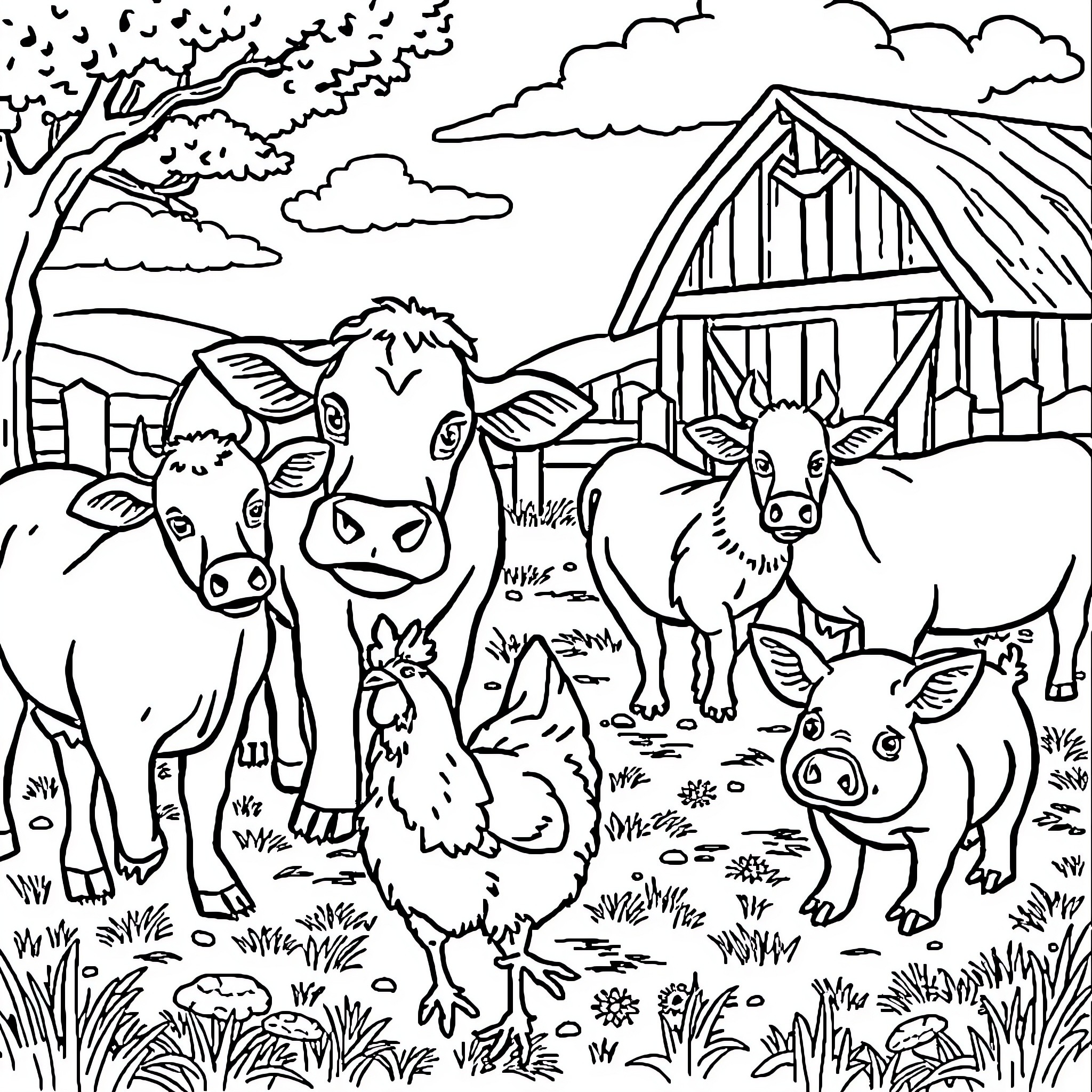 Farm Animal Gathering at the Countryside Barn Coloring Page (free black-and-white line drawing printable PDF for all, from beginners to advanced learners, including children, teens, adults, and seniors)