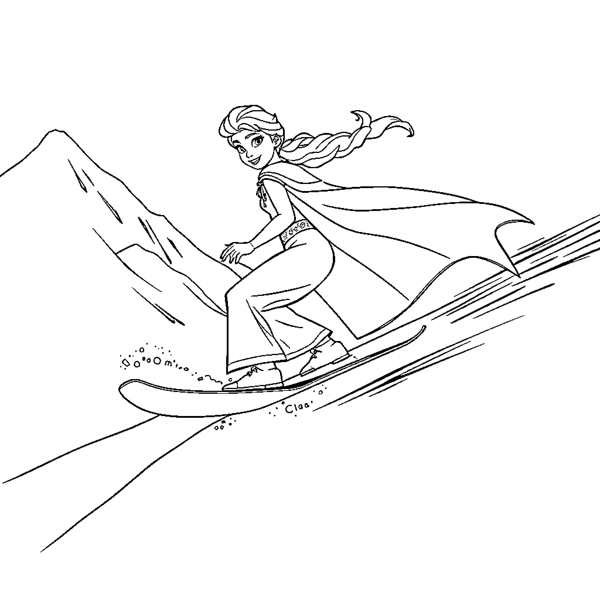 Elsa's Thrilling Snowmobile Adventure Coloring Page (free black-and-white line drawing printable PDF for all, from beginners to advanced learners, including children, teens, adults, and seniors)