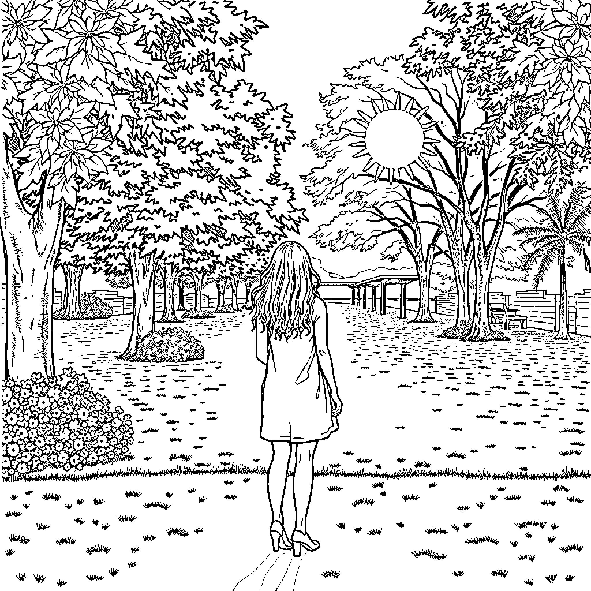 Woman walking through a lush, nature-filled landscape Coloring Page (free black-and-white line drawing printable PDF for all, from beginners to advanced learners, including children, teens, adults, and seniors)