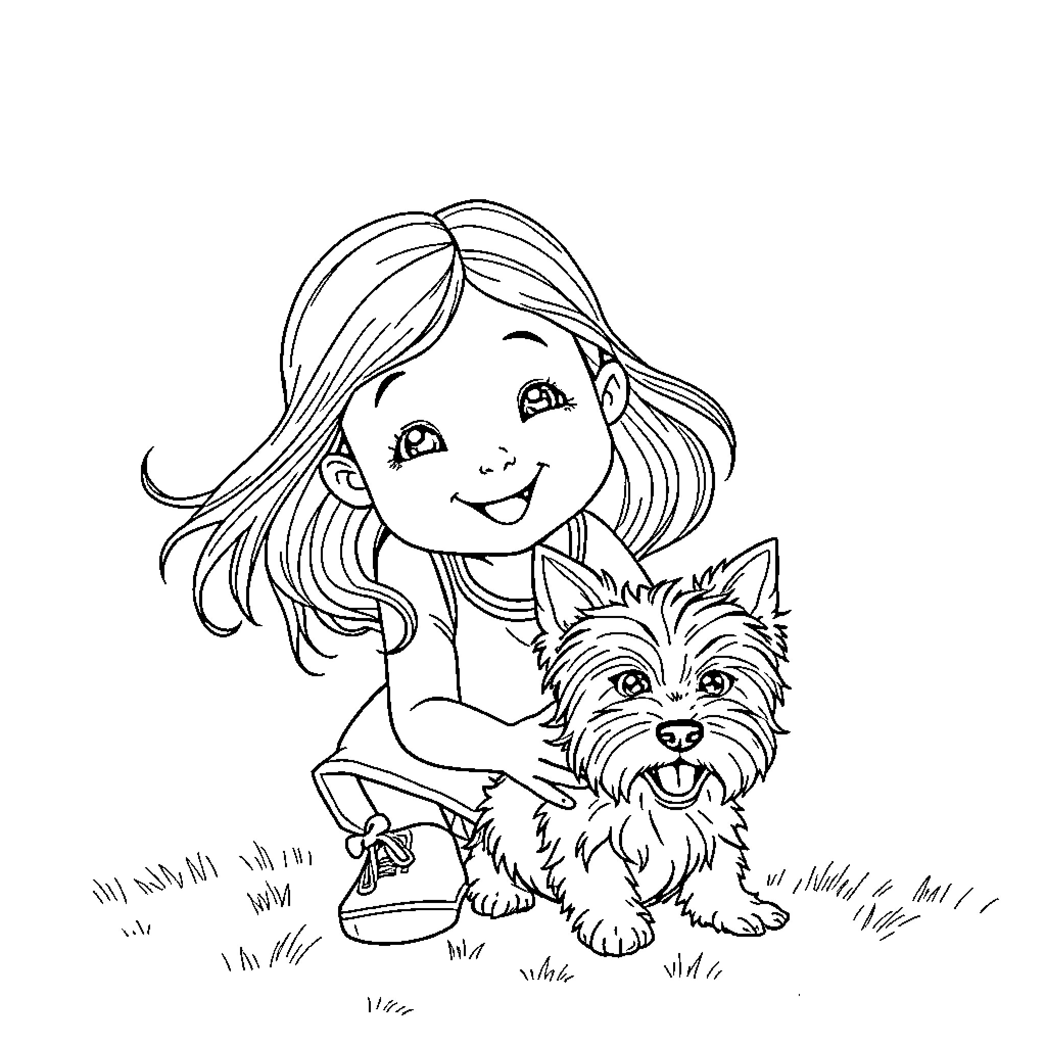 Girl playing with her happy pet dog Coloring Page (free black-and-white line drawing printable PDF for all, from beginners to advanced learners, including children, teens, adults, and seniors)
