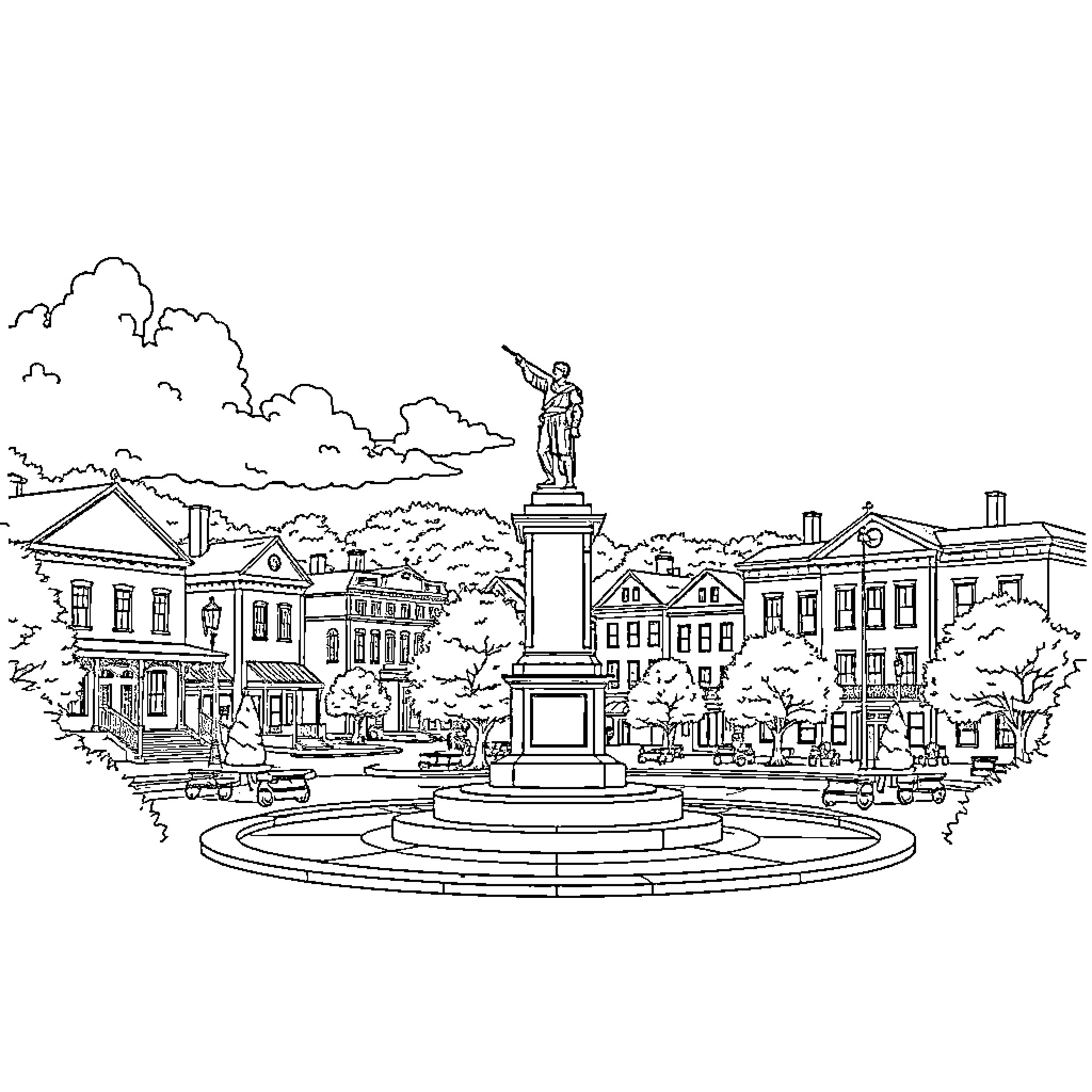 Town Bustling with Scenic Buildings and Statues Coloring Page (free black-and-white line drawing printable PDF for all, from beginners to advanced learners, including children, teens, adults, and seniors)