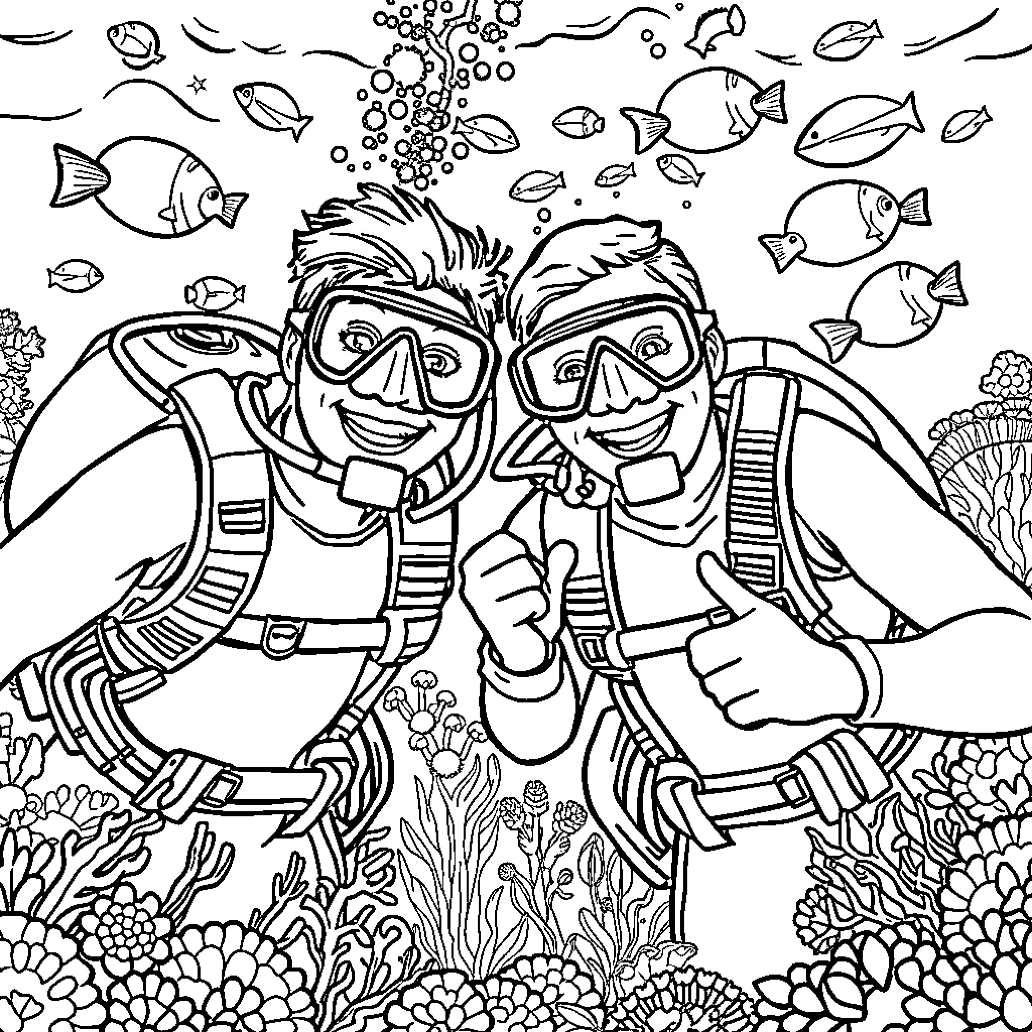 Scuba Divers Exploring Vibrant Underwater World Coloring Page (free black-and-white line drawing printable PDF for all, from beginners to advanced learners, including children, teens, adults, and seniors)