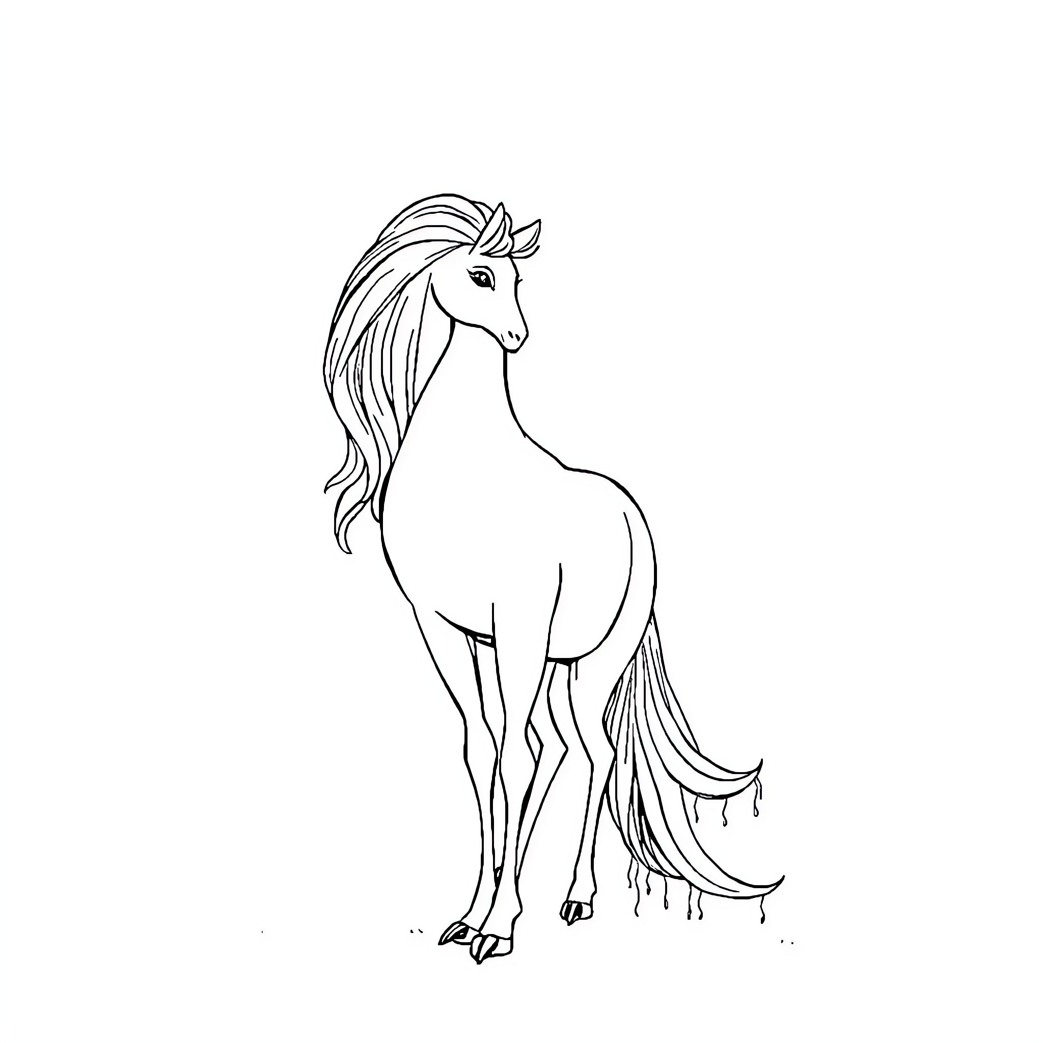 Hér a graceful horse standing tall Coloring Page (free black-and-white line drawing printable PDF for all, from beginners to advanced learners, including children, teens, adults, and seniors)