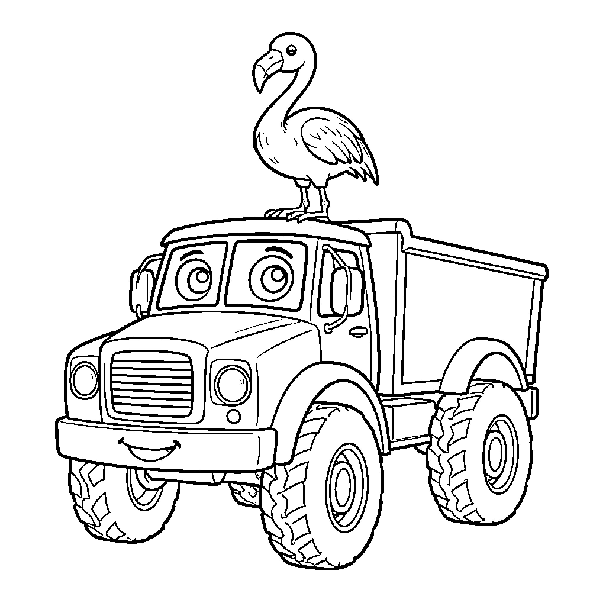 Truck carrying a large flamingo on its roof Coloring Page (free black-and-white line drawing printable PDF for all, from beginners to advanced learners, including children, teens, adults, and seniors)