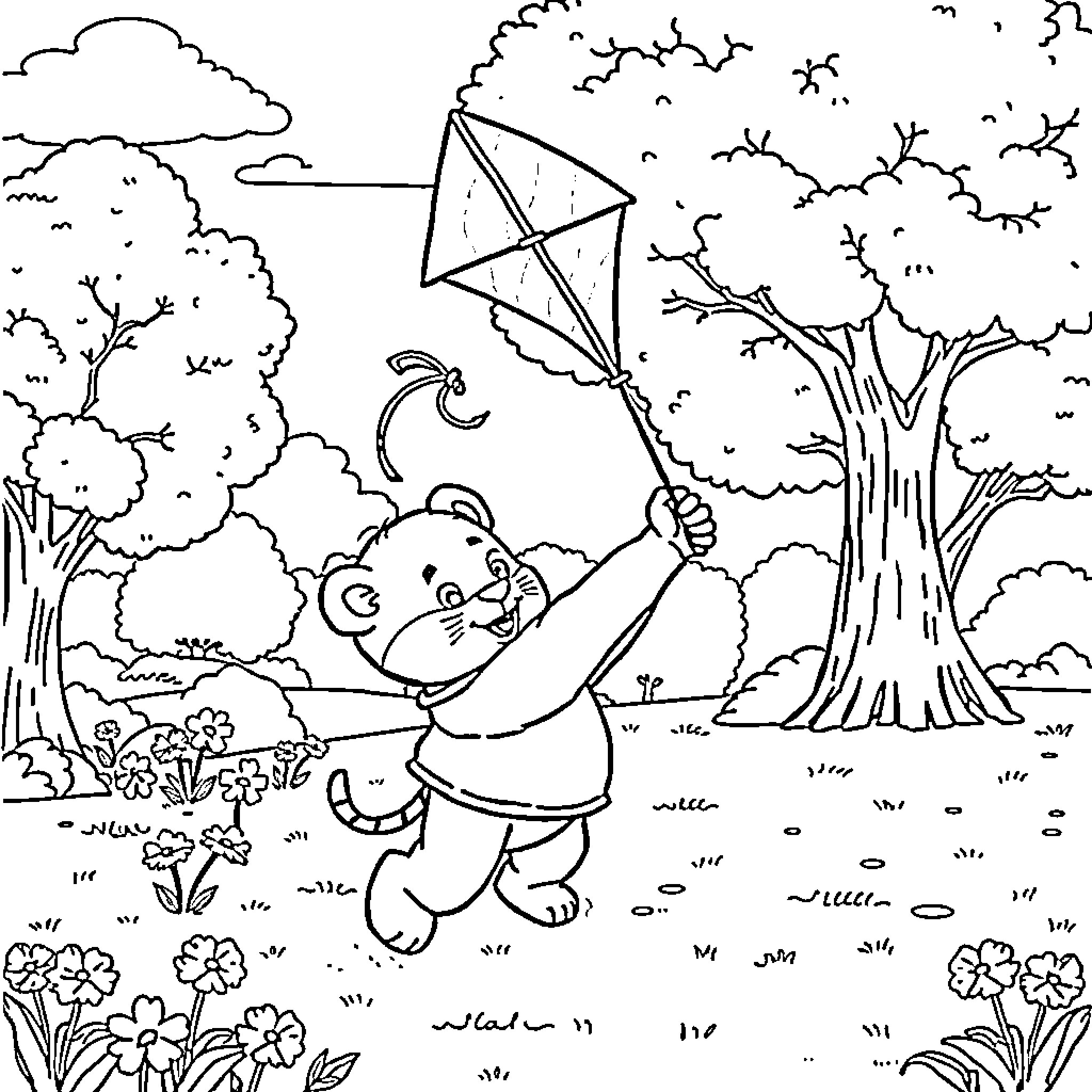 Daniel Tiger Flies a Kite in the Scenic Park Coloring Page (free black-and-white line drawing printable PDF for all, from beginners to advanced learners, including children, teens, adults, and seniors)