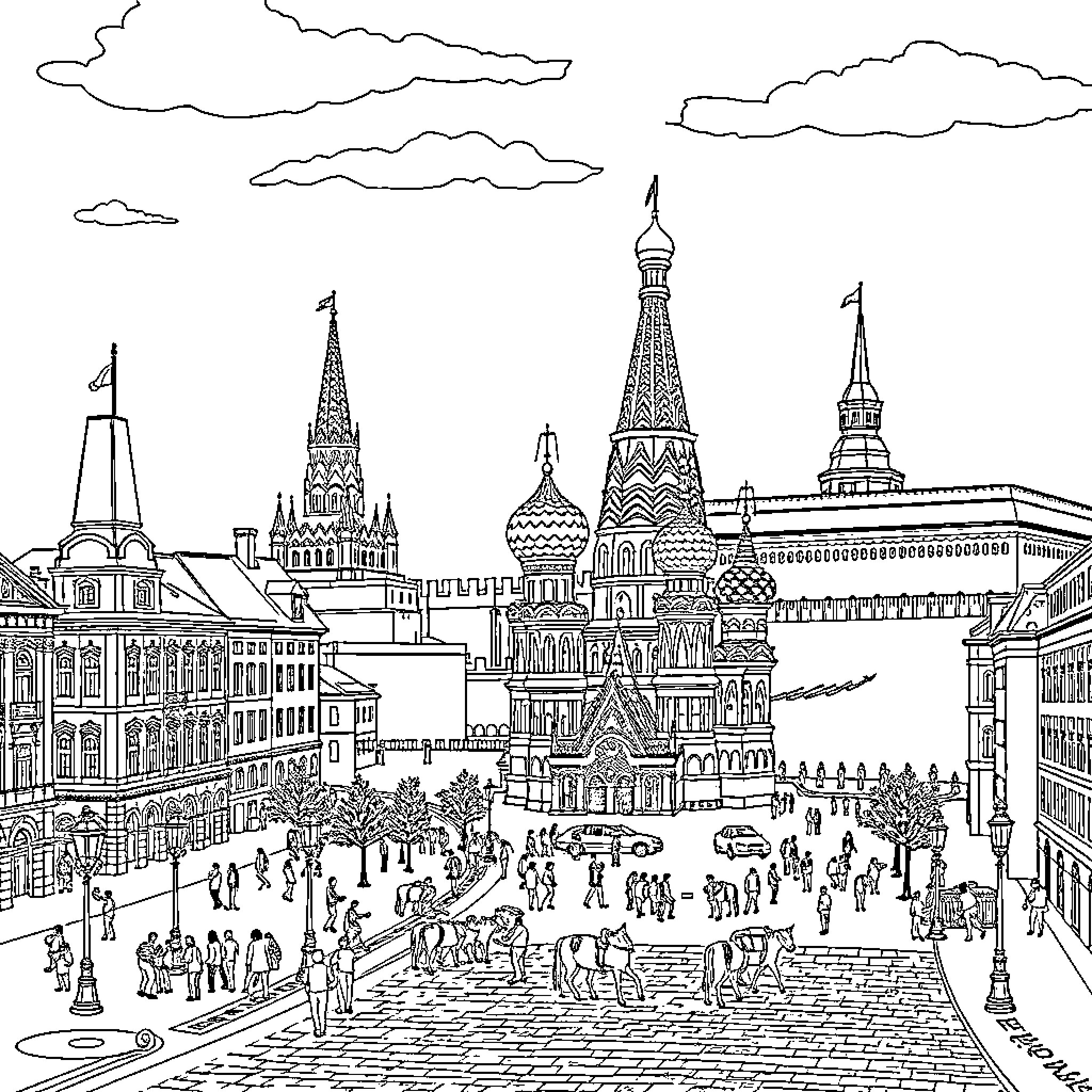 Moscow cityscape with iconic architecture and bustling street scene Coloring Page (free black-and-white line drawing printable PDF for all, from beginners to advanced learners, including children, teens, adults, and seniors)